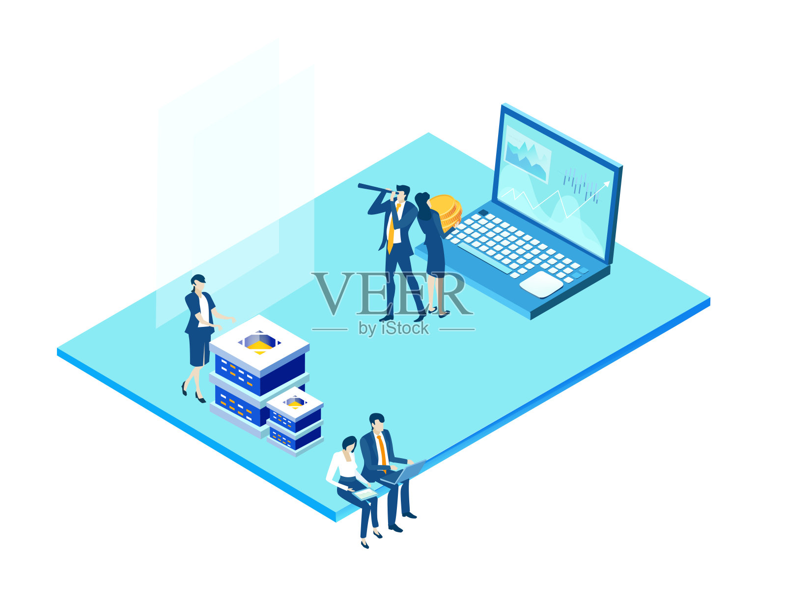 等距3D商务环境，商务人员在服务器室内工作和交流。技术，成功，互联网，数据保护和个人安全概念信息图表说明。插画图片素材