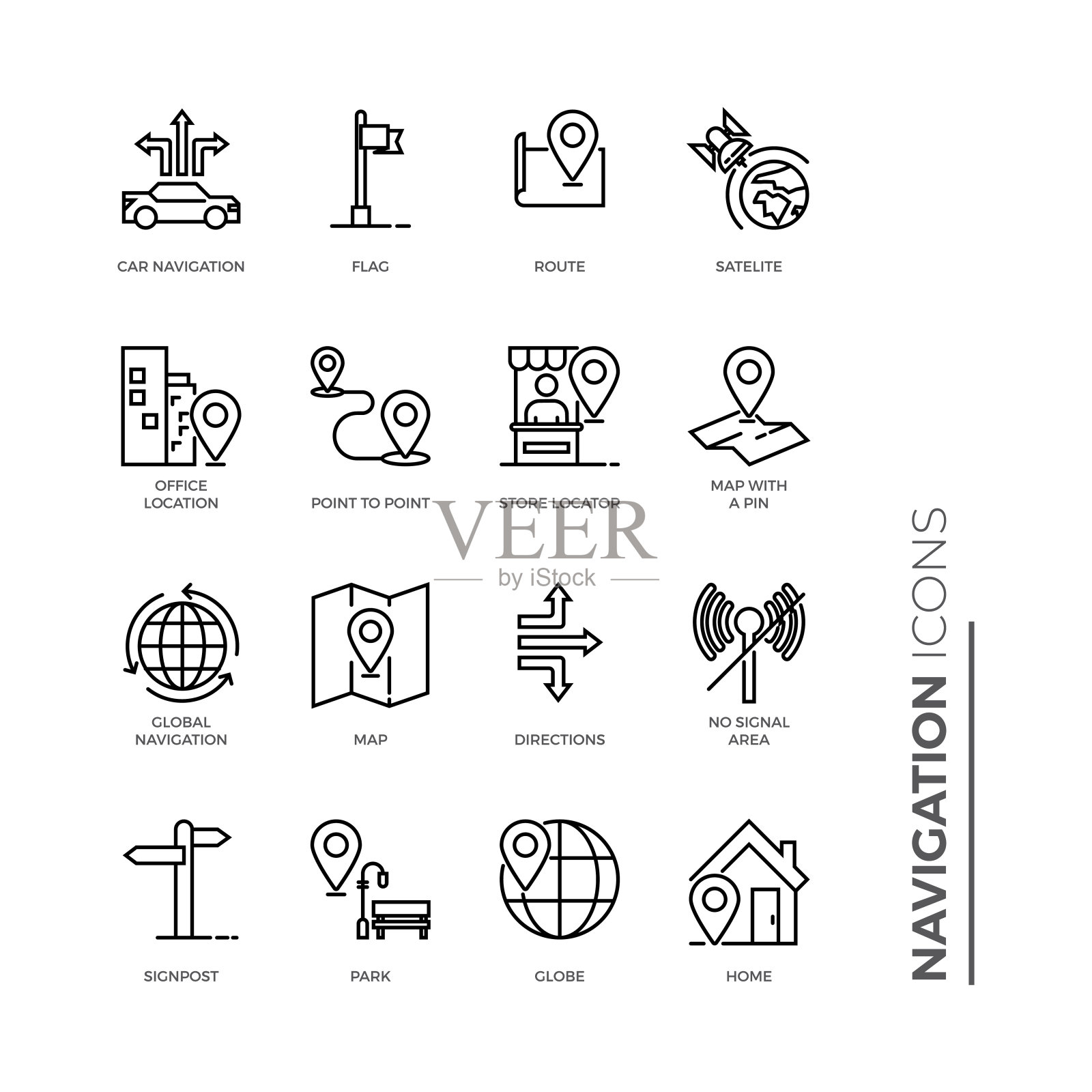简单的导航相关颜色矢量线图标集。包含诸如商店定位器，办公室，家庭等图标。插画图片素材