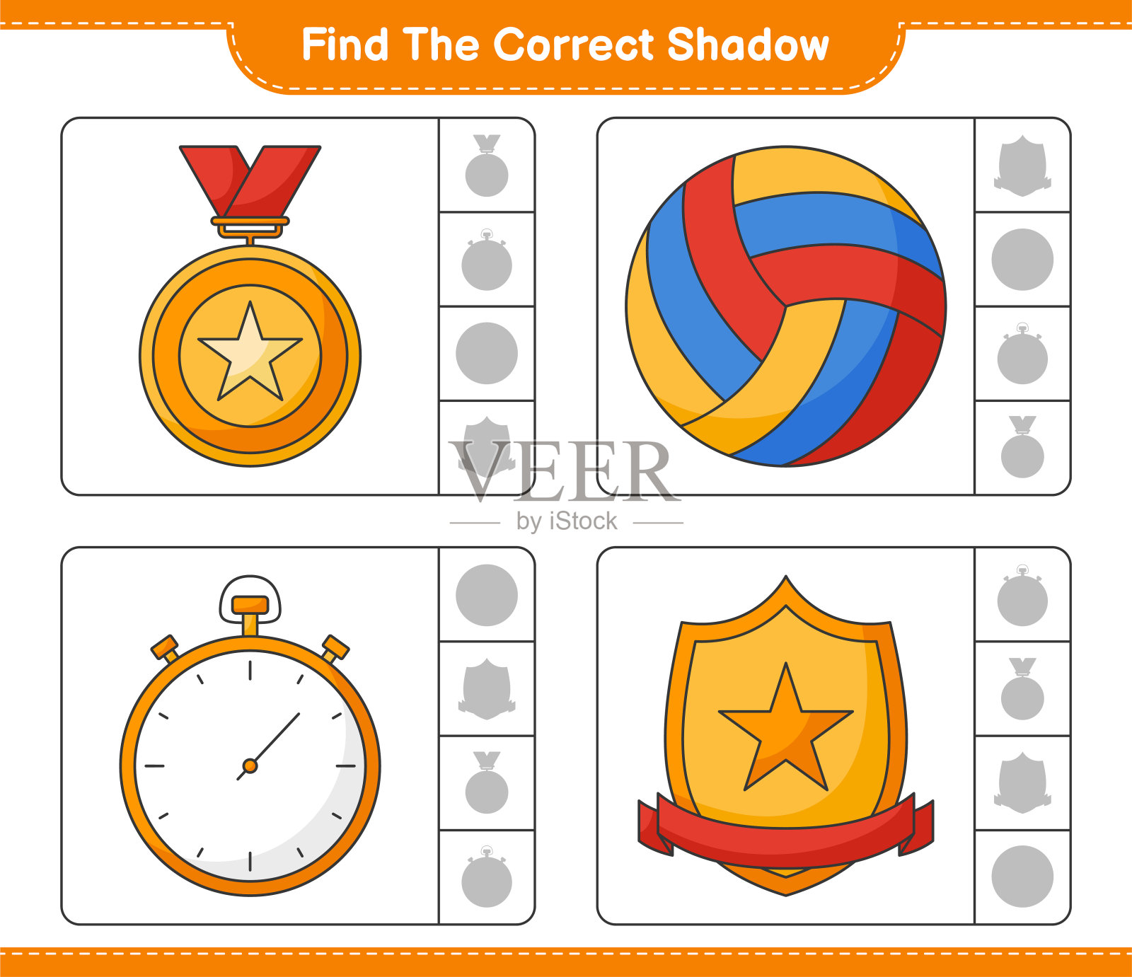 找到正确的阴影。找到并匹配秒表、奖杯和排球的正确阴影。教育儿童游戏，可打印的工作表，矢量插图插画图片素材