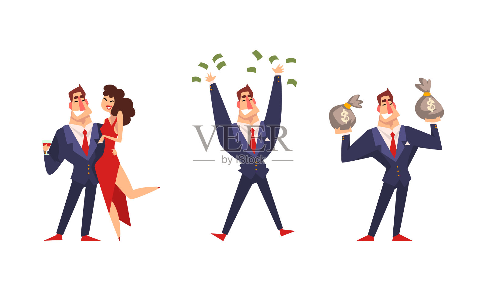 成功的商人字符集，强壮的肌肉富有的男人拥抱漂亮的女孩和享受金钱卡通矢量插图插画图片素材