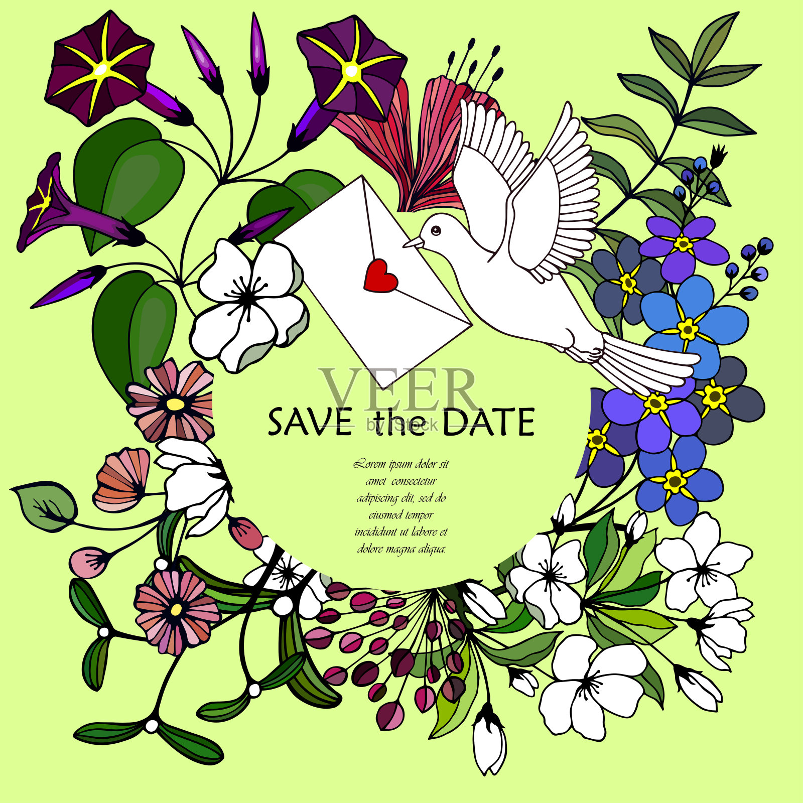 卡片上有花，有叶。婚礼，生日贺卡。设计模板素材