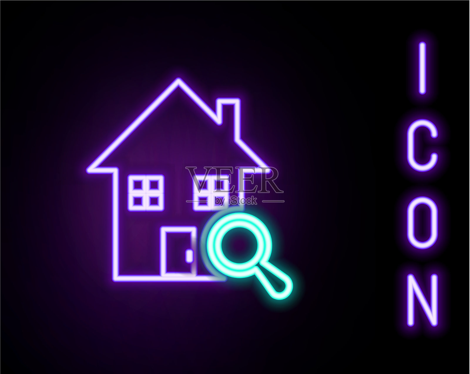 发光的霓虹灯线搜索房子图标孤立插画图片素材