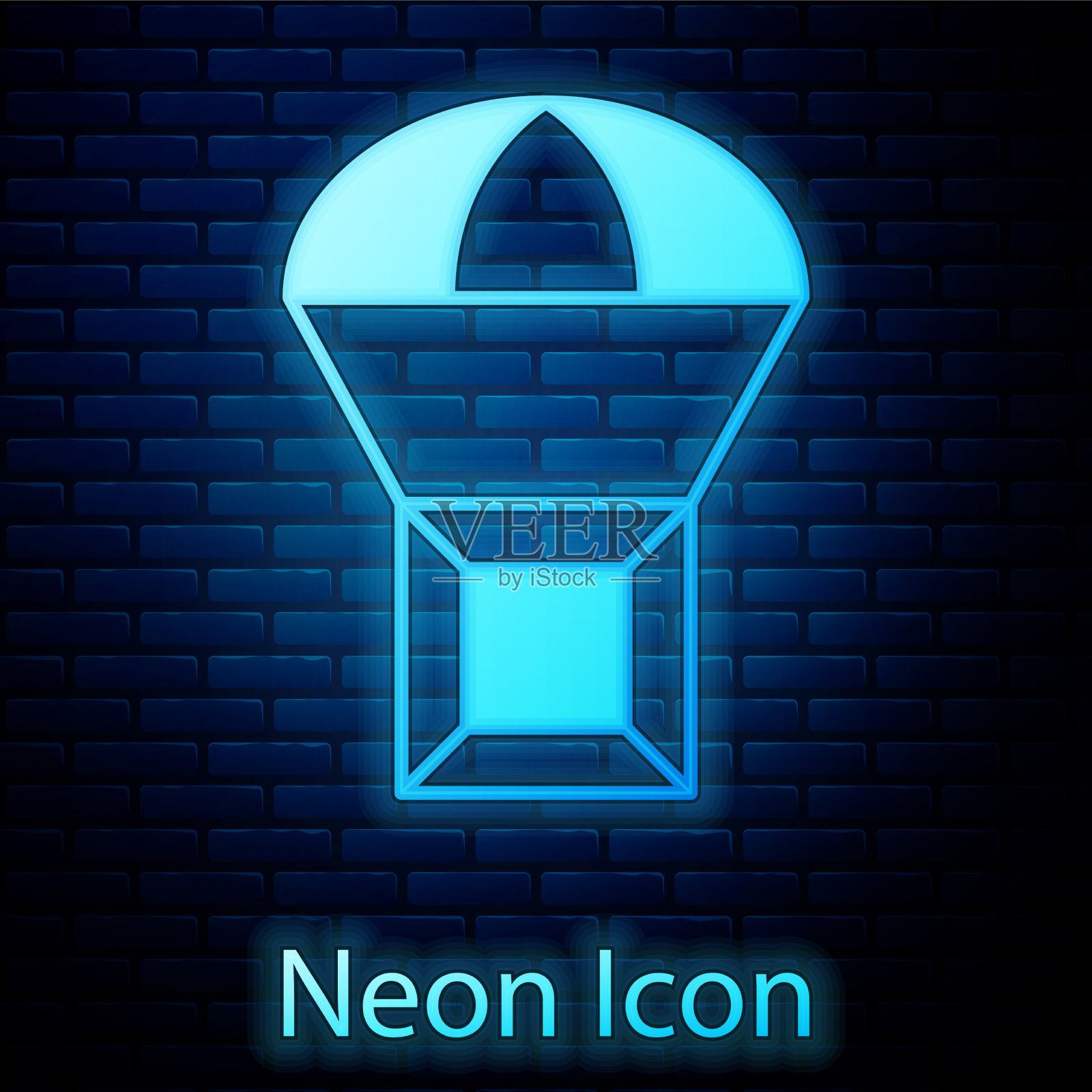 发光的霓虹灯盒飞行在降落伞图标孤立图标素材