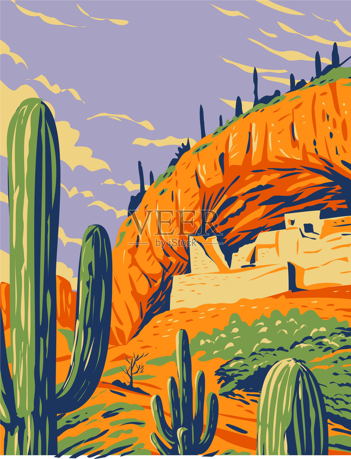 萨拉多风格的悬崖住宅和仙人掌插画图片素材