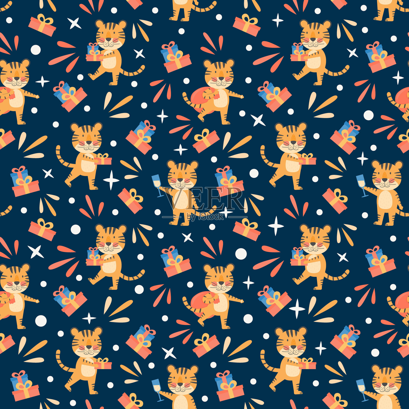 圣诞节新年快乐无缝图案，可爱老虎、2022年标志和礼品盒，冬季节日矢量插画，适用于包装纸或节日纺织品插画图片素材