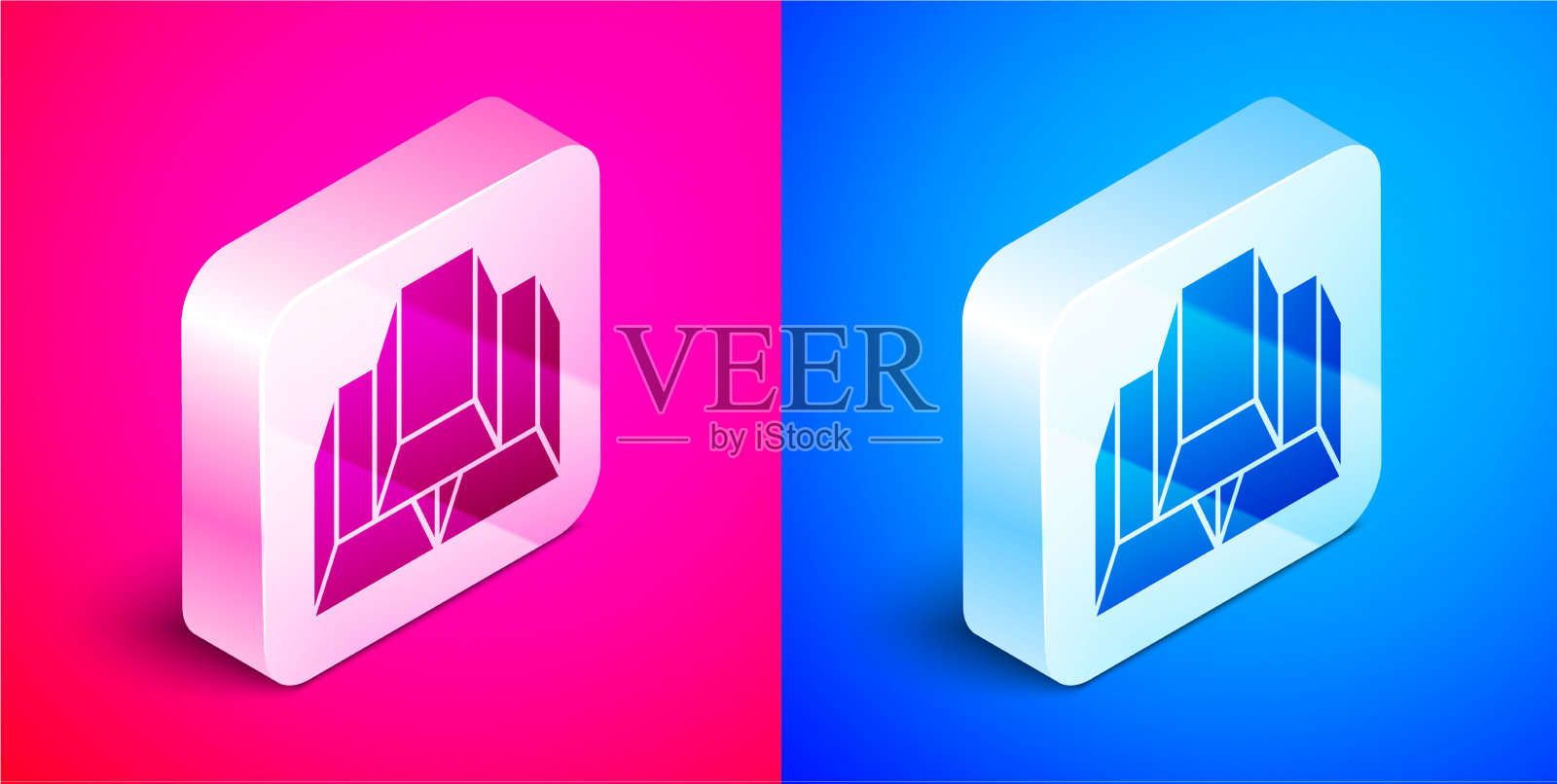 等距金条图标孤立在粉红色和蓝色插画图片素材
