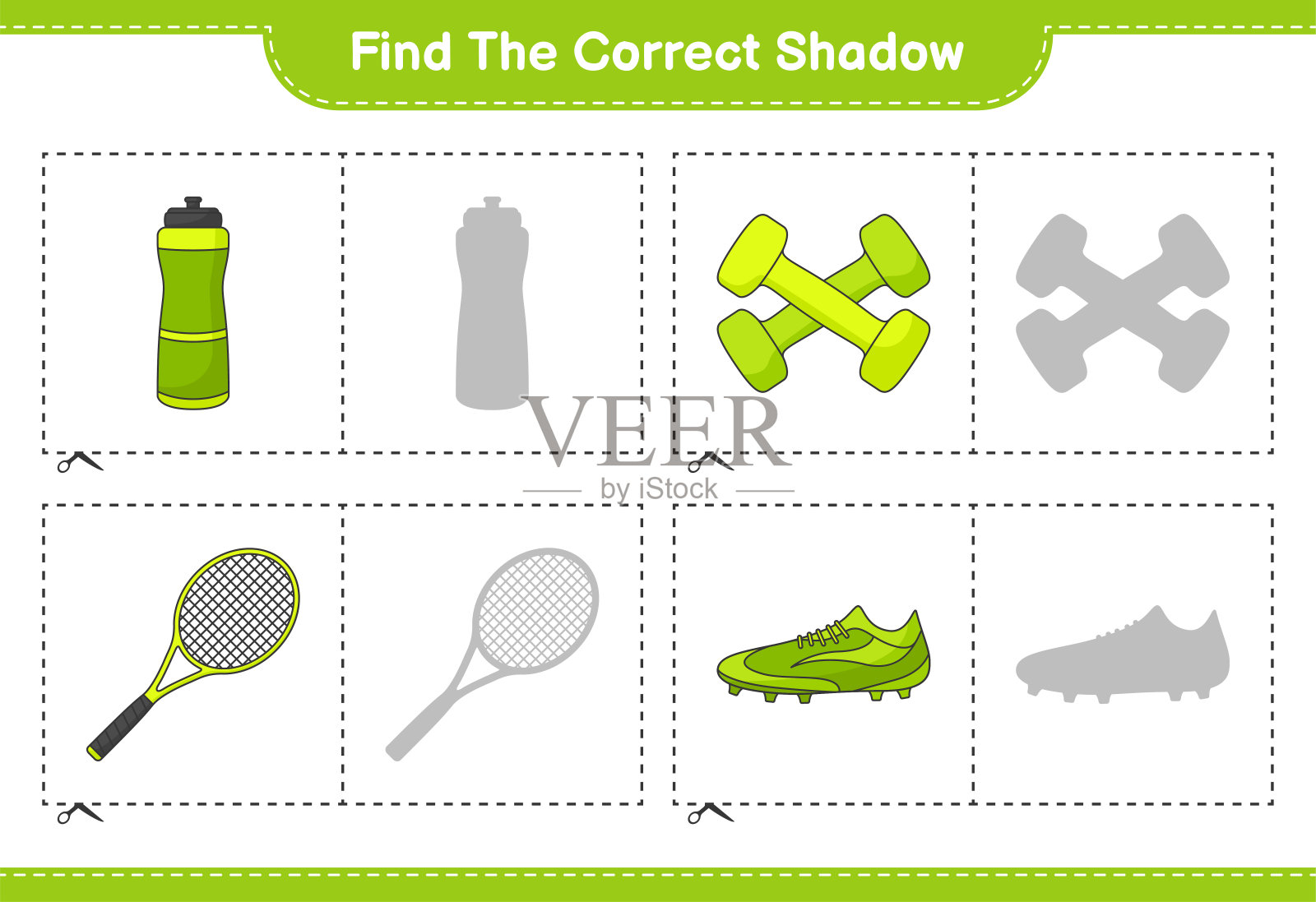 找到正确的阴影。找到并匹配正确的水瓶，网球拍，足球鞋和哑铃的影子。教育儿童游戏，可打印的工作表，矢量插图插画图片素材
