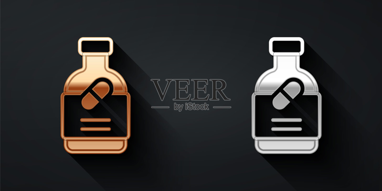 金色和银色的药瓶和药丸图标孤立在黑色背景。瓶药丸的迹象。药店的设计。长长的阴影风格。向量图标素材