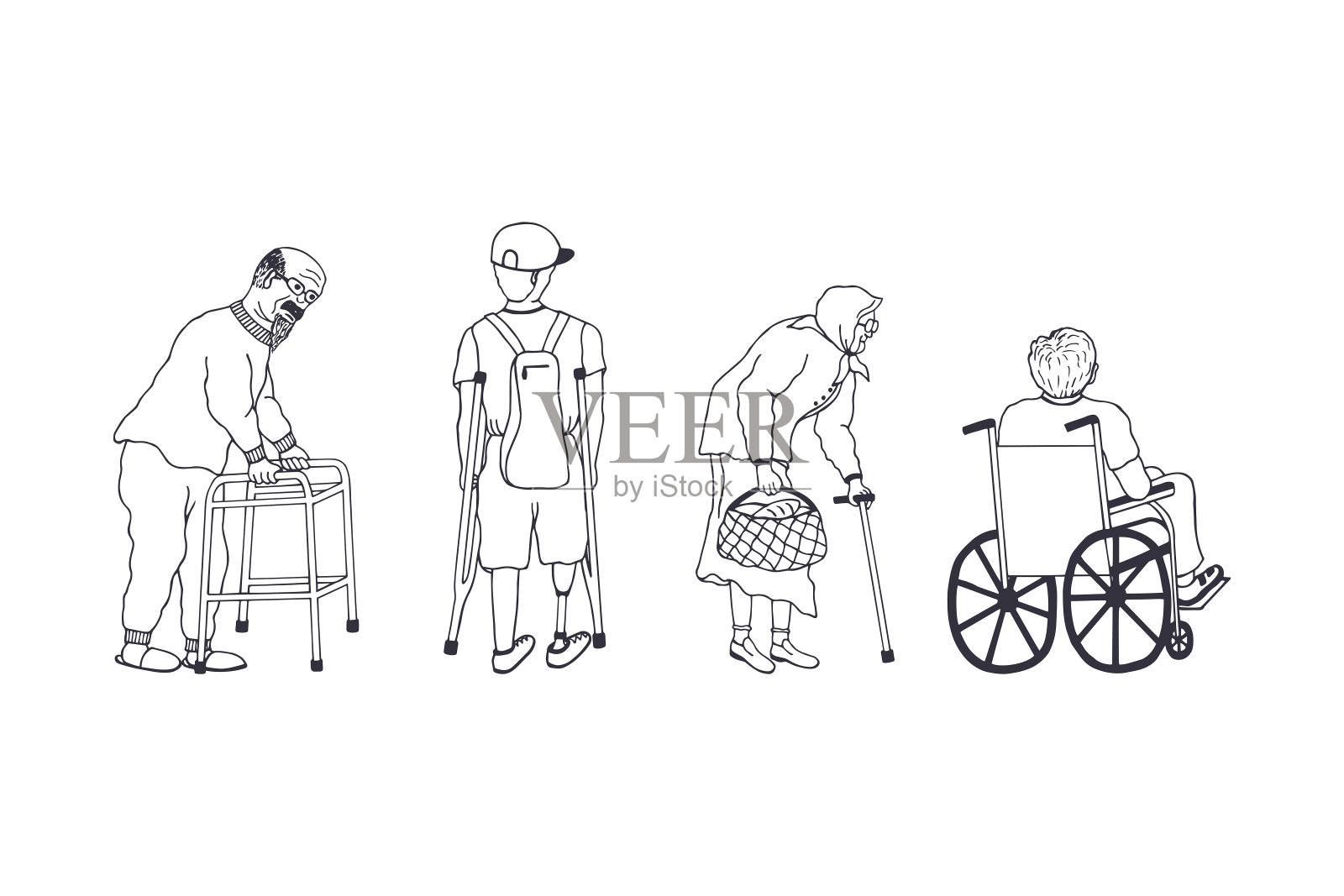 背着双肩包，背着拐杖装着假肢的残疾人。一个坐在轮椅上的人。戴眼镜的老祖母。戴着眼镜，留着胡子，拄着助行器的老爷爷插画图片素材