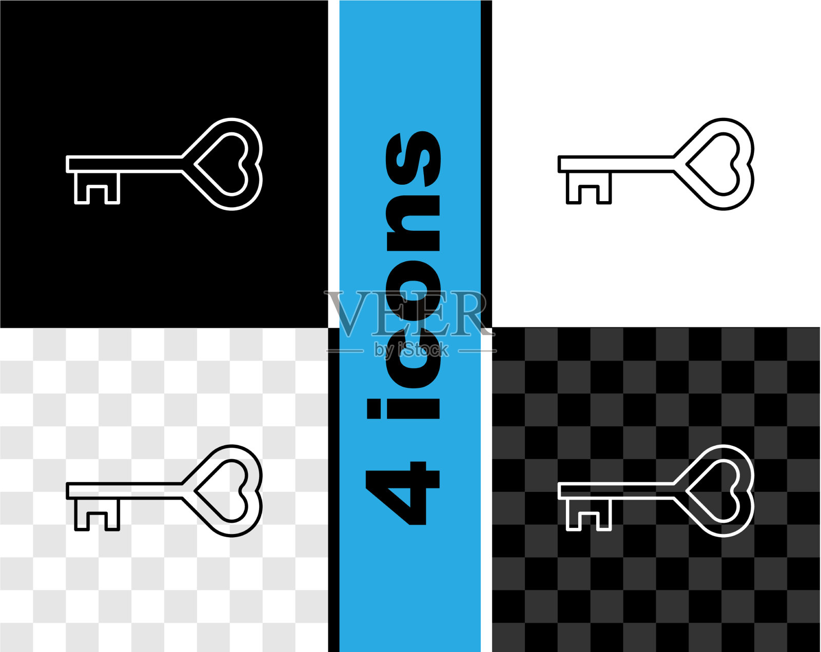 设置线键在心形图标孤立在黑色图标素材