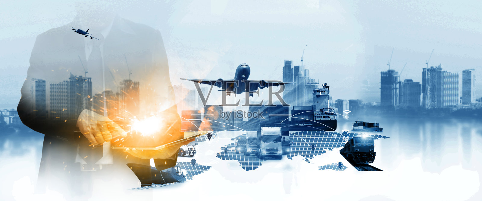 世界物流背景或运输业或海运业务，集装箱货物运输，卡车运输，飞机，进出口概念照片摄影图片