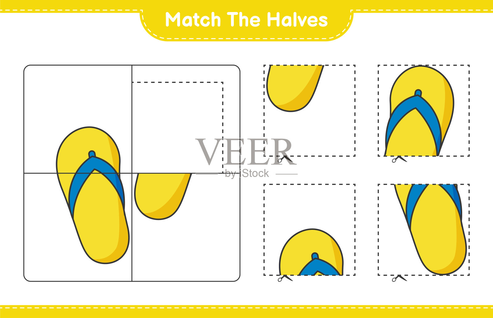 匹配的部分。匹配Flip Flop的一半。教育儿童游戏，可打印的工作表，矢量插图插画图片素材