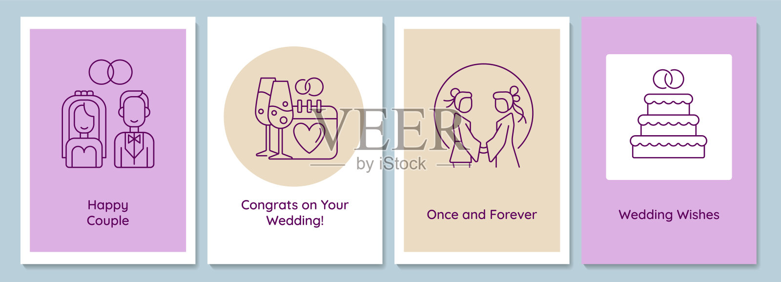 婚姻生活开始明信片与线性字形图标设置插画图片素材