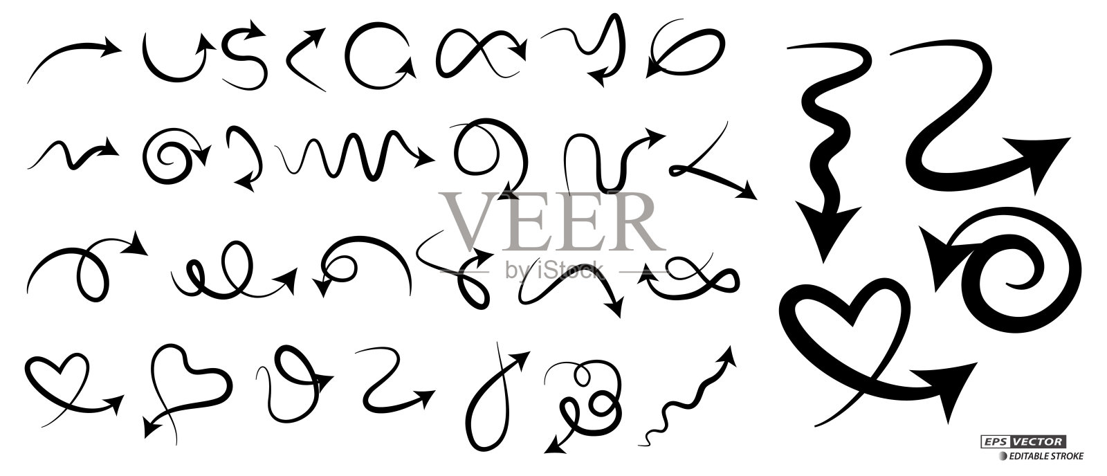 一组手画箭头可编辑的笔画孤立或设置不同的手画箭头与各种风格的概念。每股收益向量设计元素图片