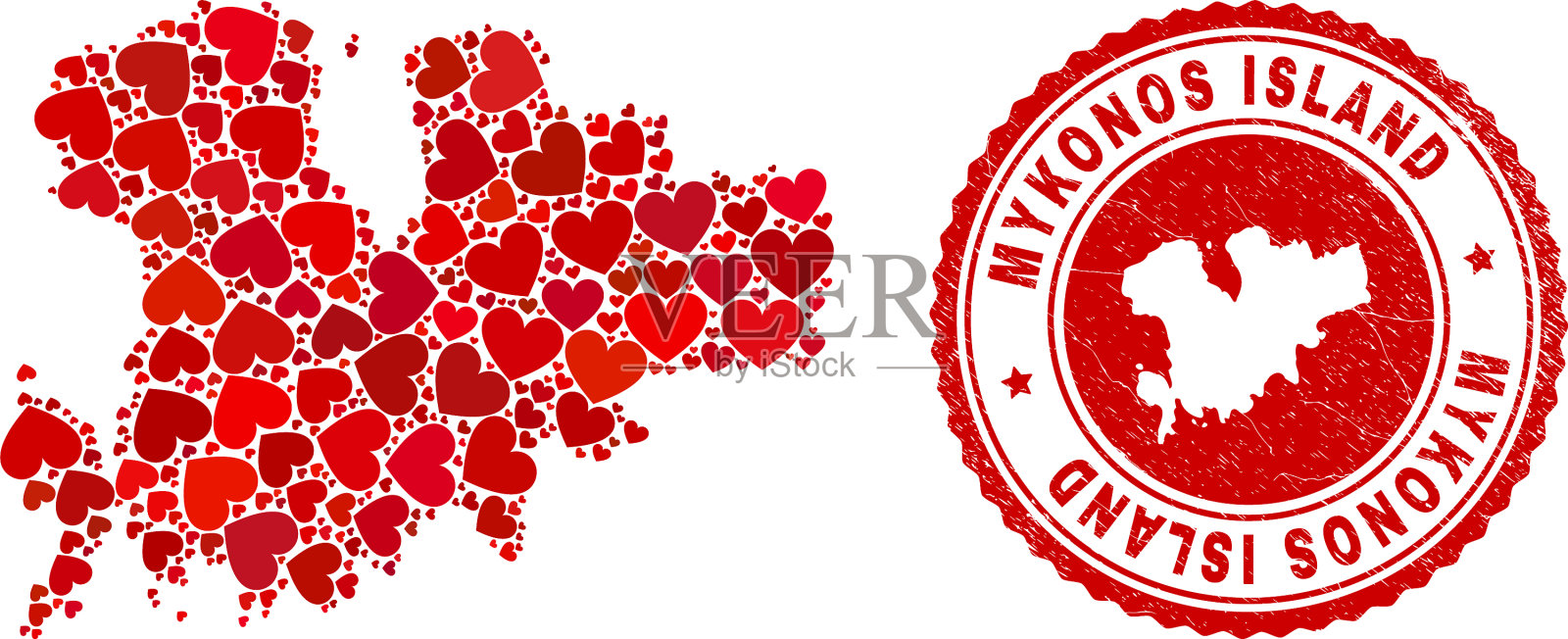 心形马赛克米科诺斯岛地图和垃圾邮票插画图片素材