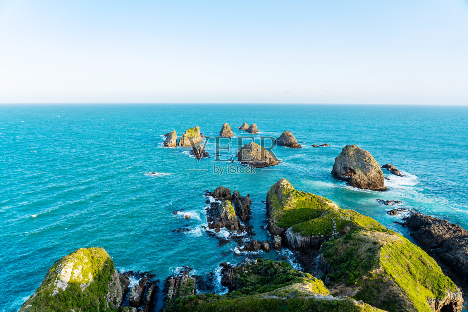蓝色海洋里岩石上生长的苔藓。新西兰南岛的一个美丽的旅游景点照片摄影图片