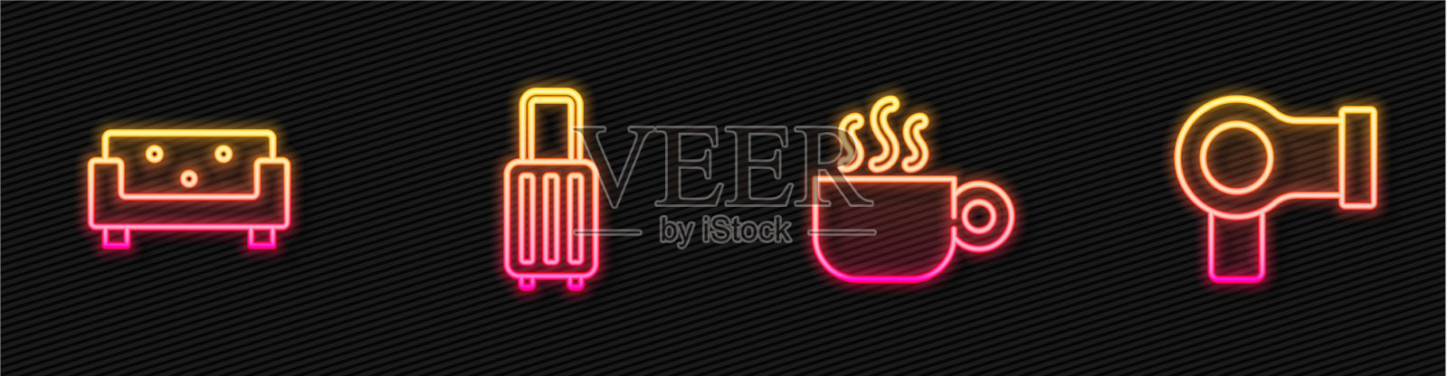 咖啡杯、沙发、手提箱和吹风机插画图片素材