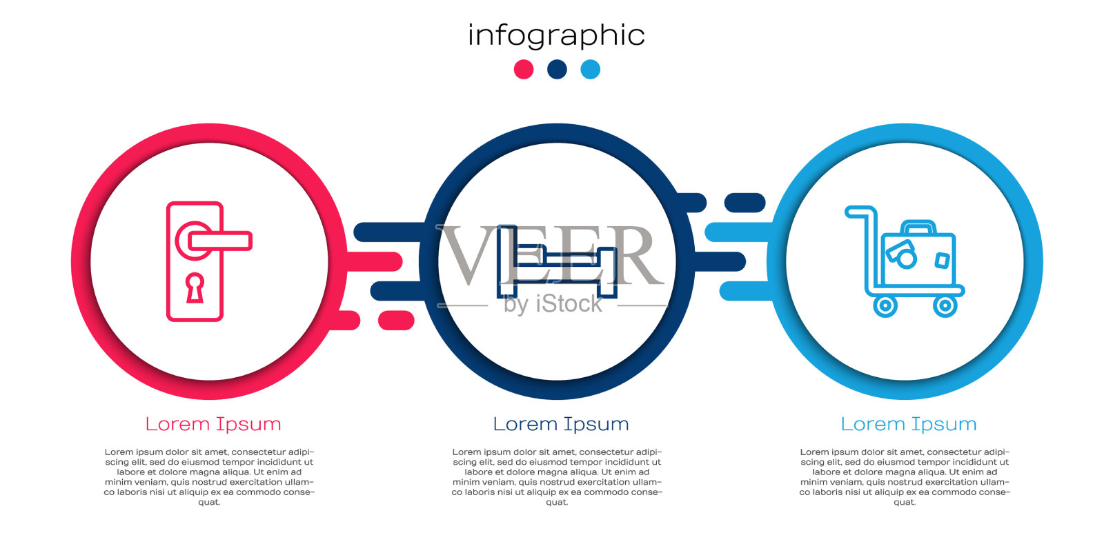 酒店客房、床和手提箱设置线插画图片素材