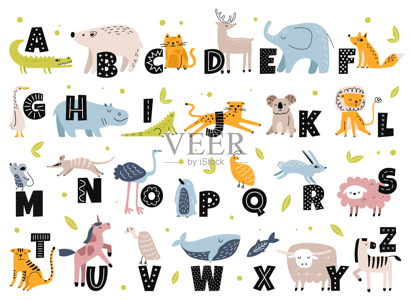 斯堪的纳维亚风格的动物字母可爱插画图片素材
