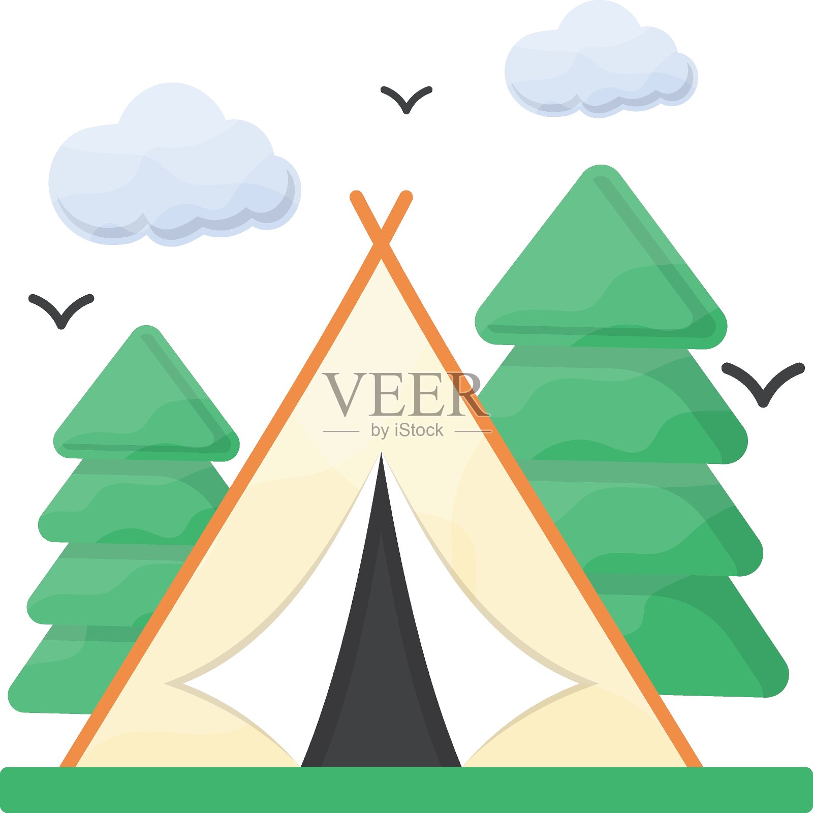 露营概念，营地与树和云矢量图标设计，旅游和旅游符号，假期和假期标志，发现和探索股票插图插画图片素材