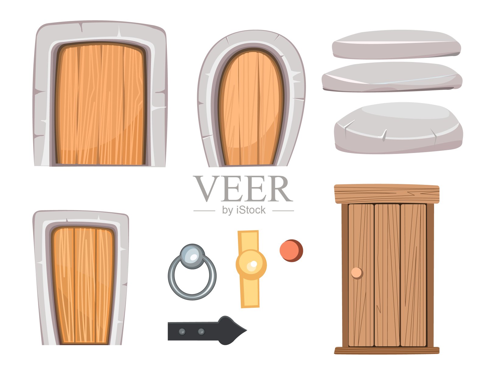 门是关着的，门把手也是。房子或公寓的门口。集。石头完成。入口外。欢快的童话卡通风格。孤立在白色背景上。向量插画图片素材
