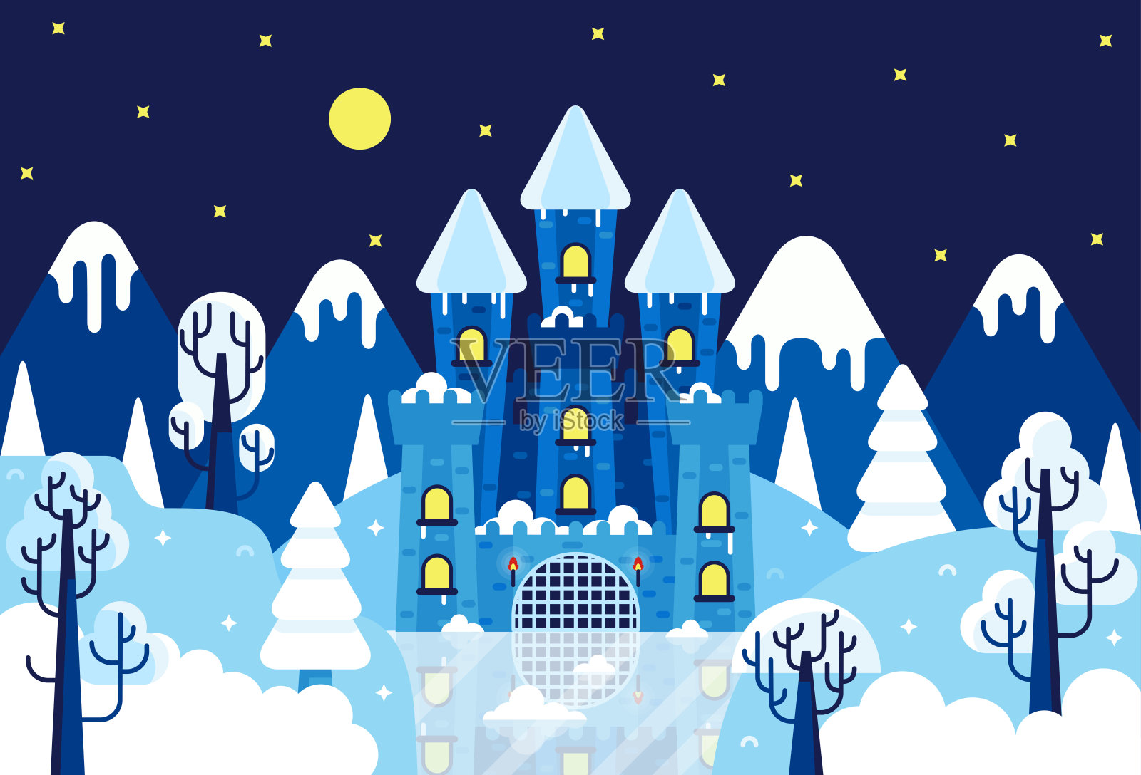 雪山和树木之间的冬季城堡，矢量卡通插图在平坦的卡通风格插画图片素材