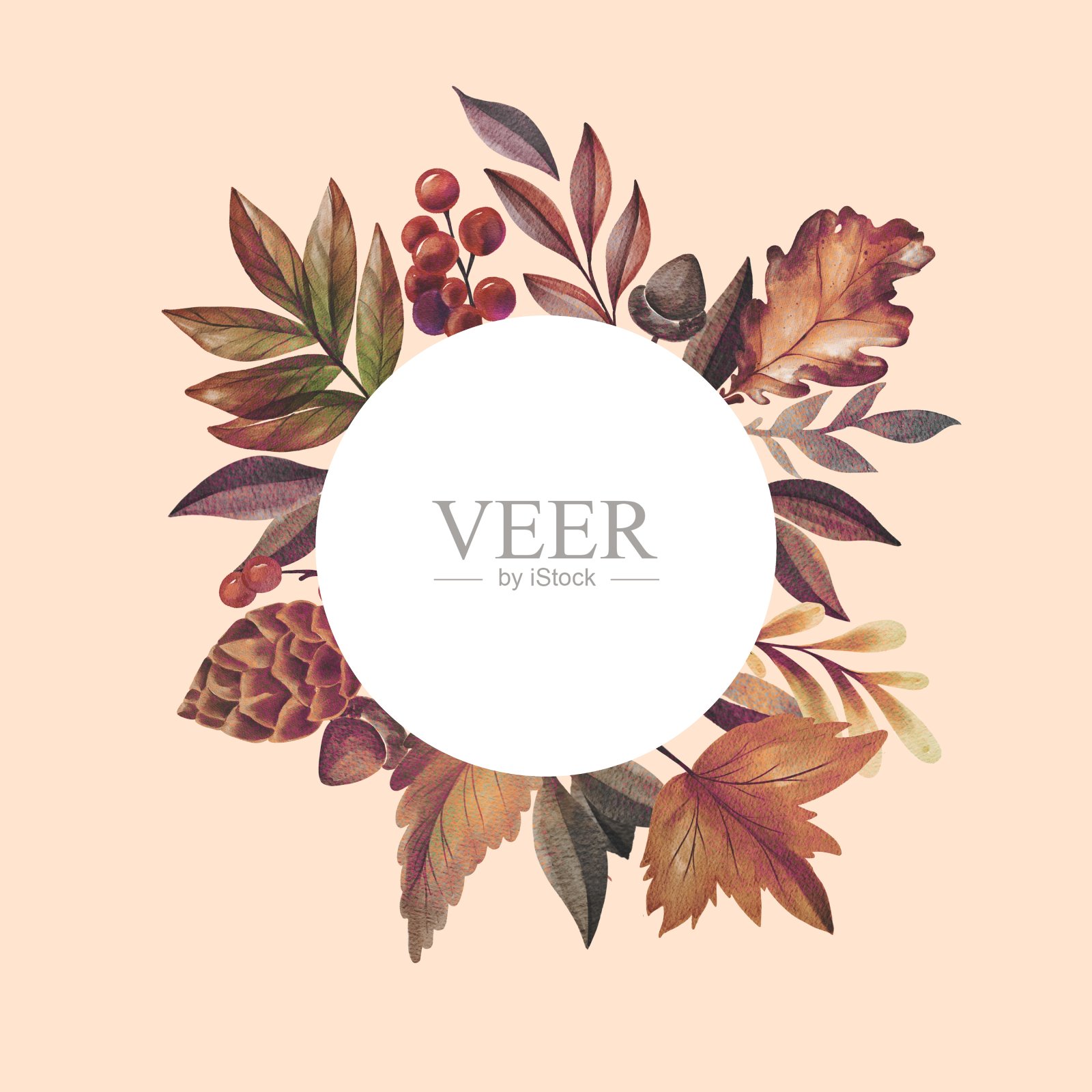 手绘水彩画森林树叶，蘑菇，圆锥形框架花环。用于海报，印刷，卡片，明信片，传单，旗帜，邀请，模板，婚礼，节日，生日插画图片素材