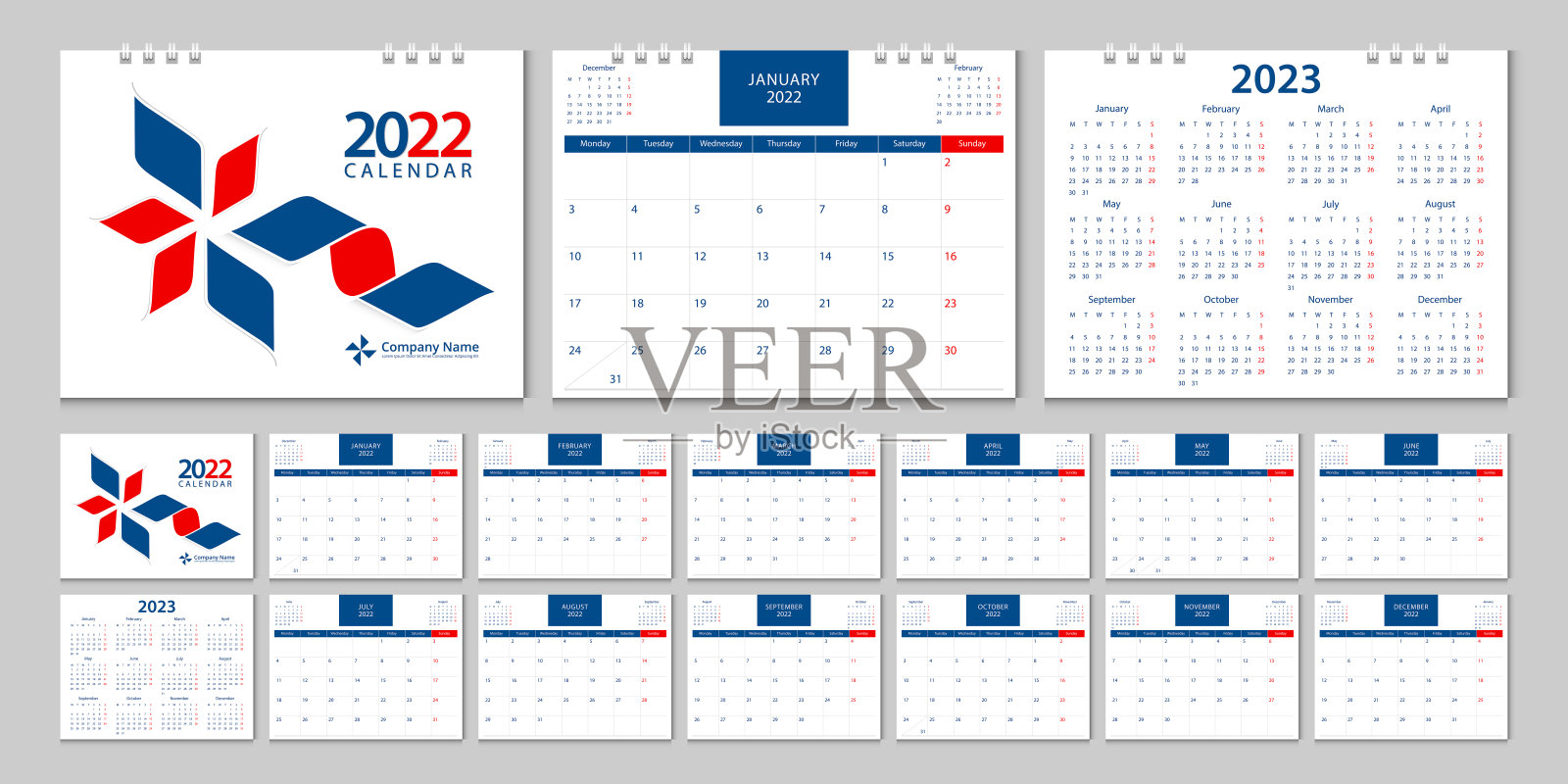 2022年日历，2023年日历周一开始公司设计模板矢量。设计模板素材
