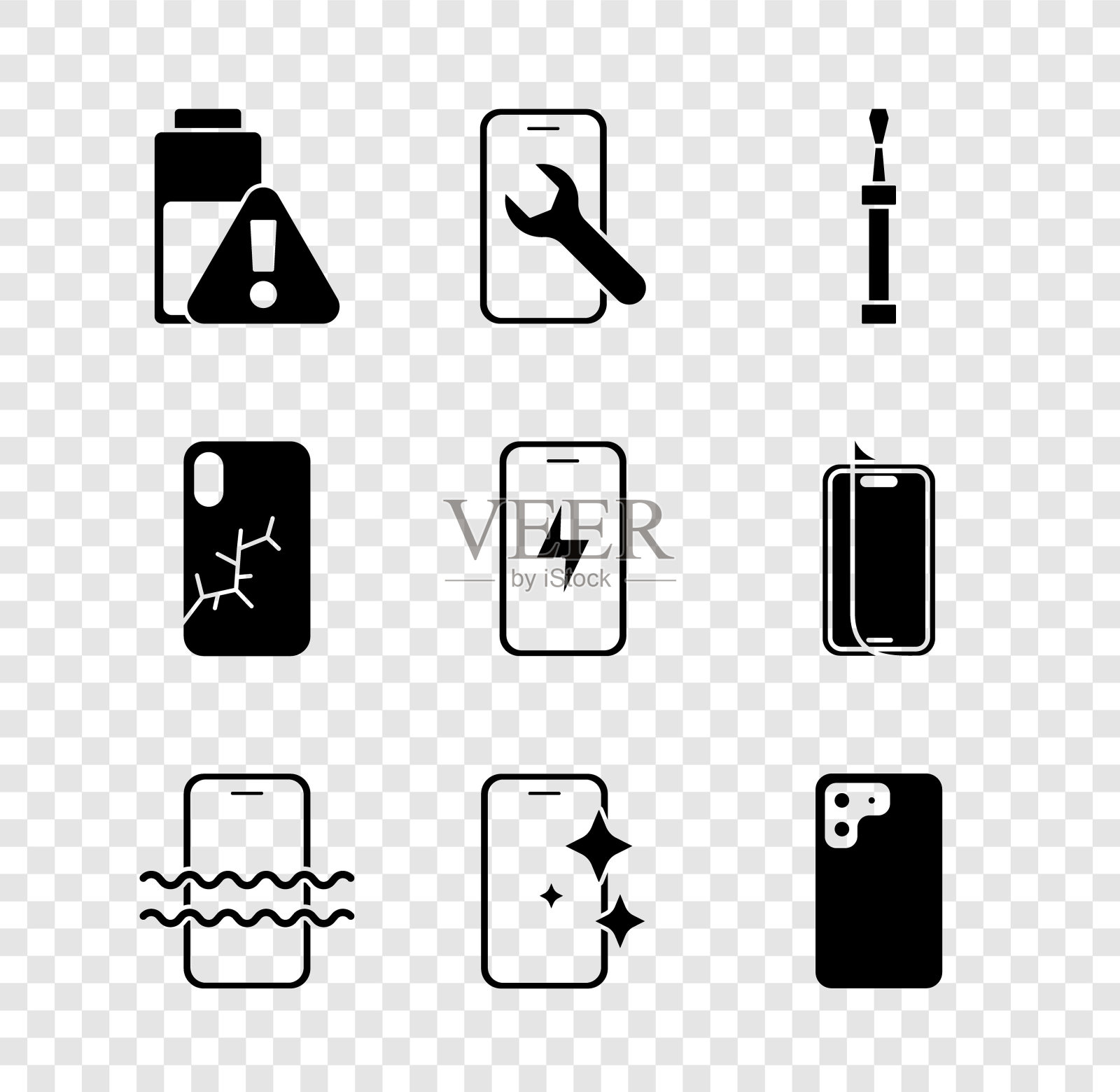 设置智能手机电池充电，手机服务，螺丝刀，防水，玻璃屏幕保护器，破碎和充电图标。向量图标素材