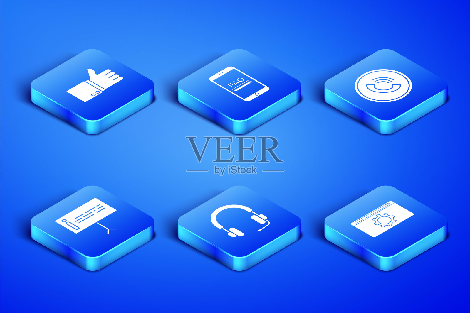 设置设置，竖起大拇指，耳机，信息，手机与常见问题信息和电话呼叫图标。向量图标素材