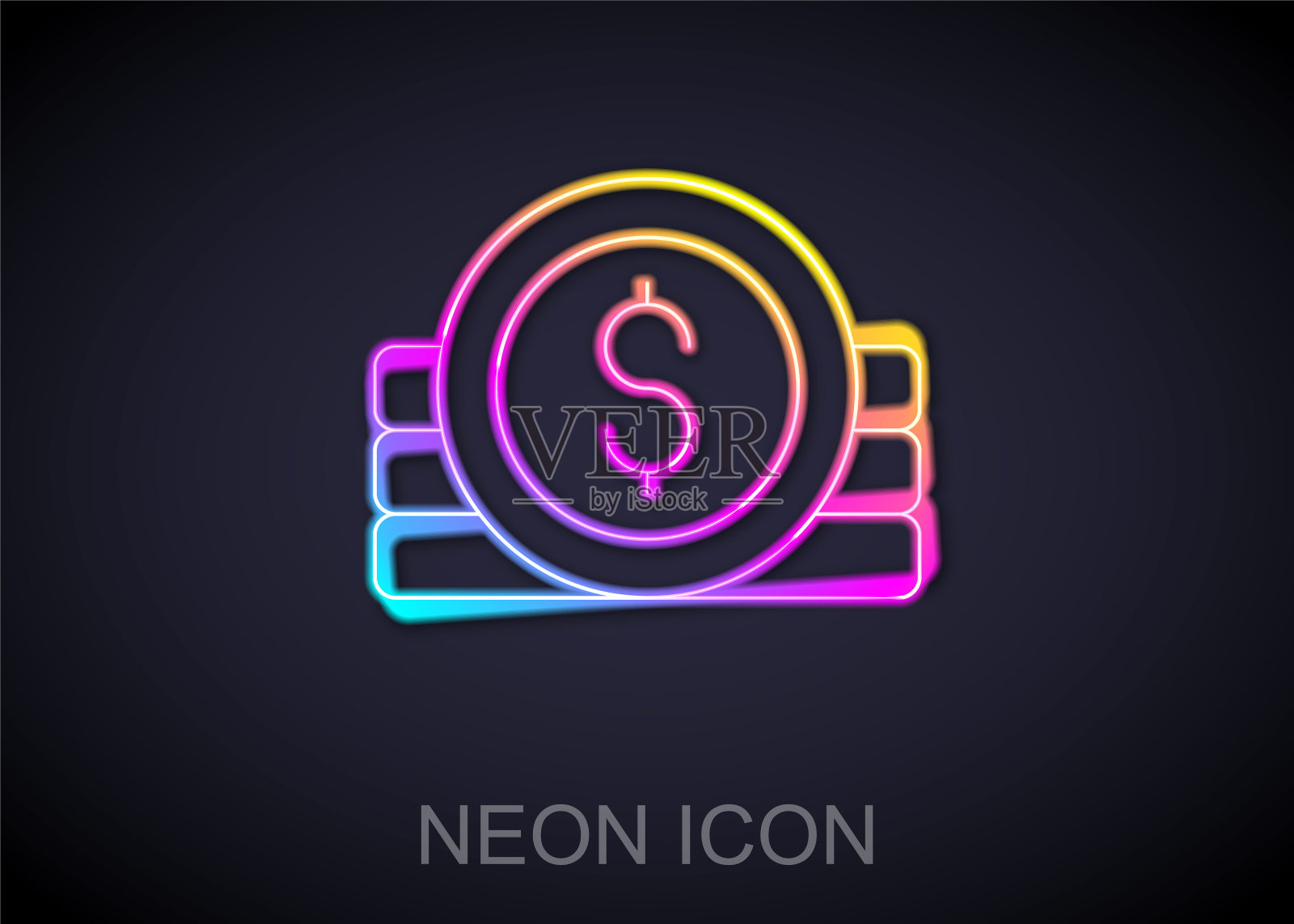 发光的霓虹灯线远古硬币图标孤立在黑色背景。向量图标素材