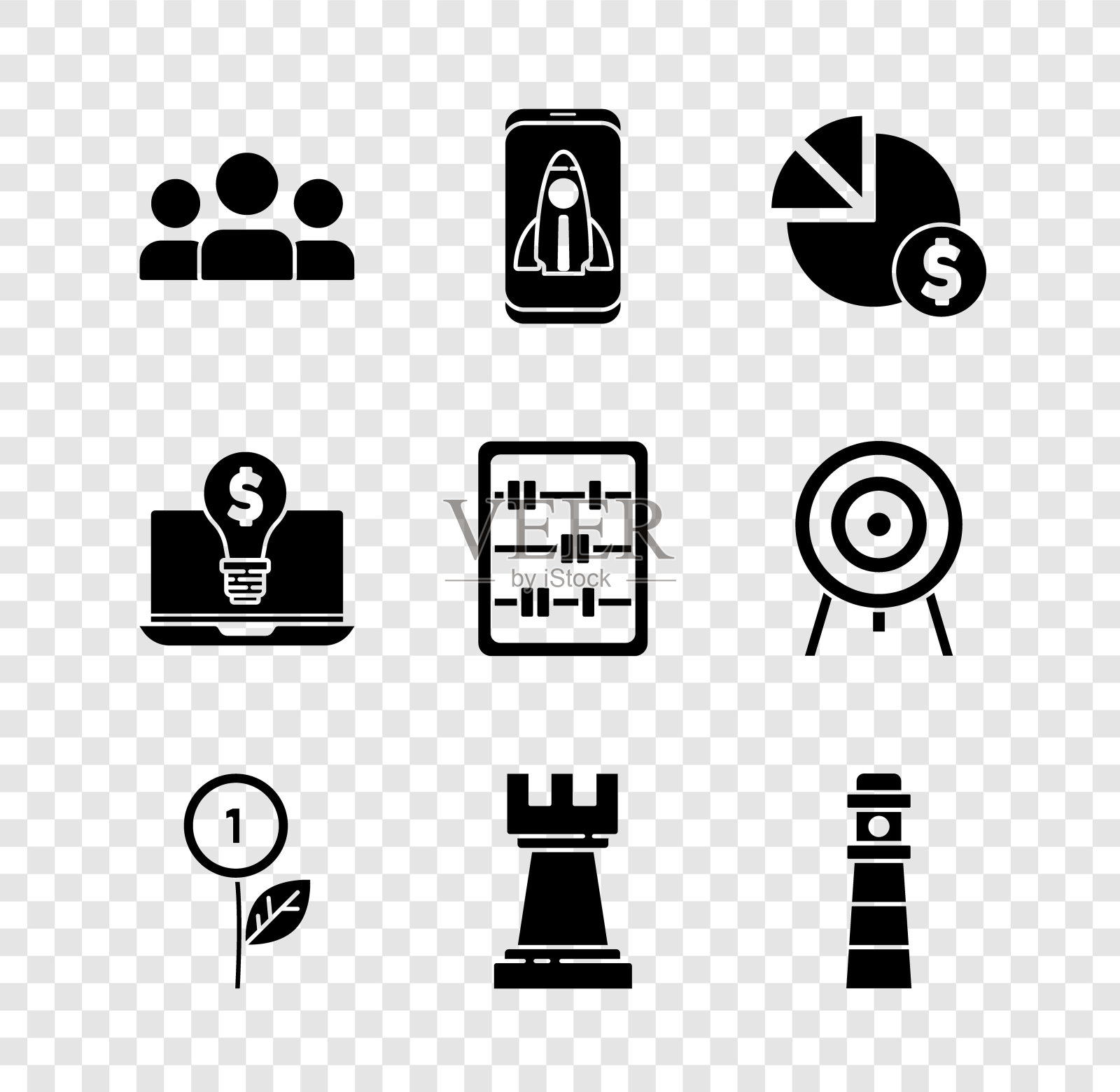 设置用户组，启动项目概念，饼图和美元，美元植物，国际象棋，灯塔，灯泡与笔记本电脑和算盘图标。向量图标素材