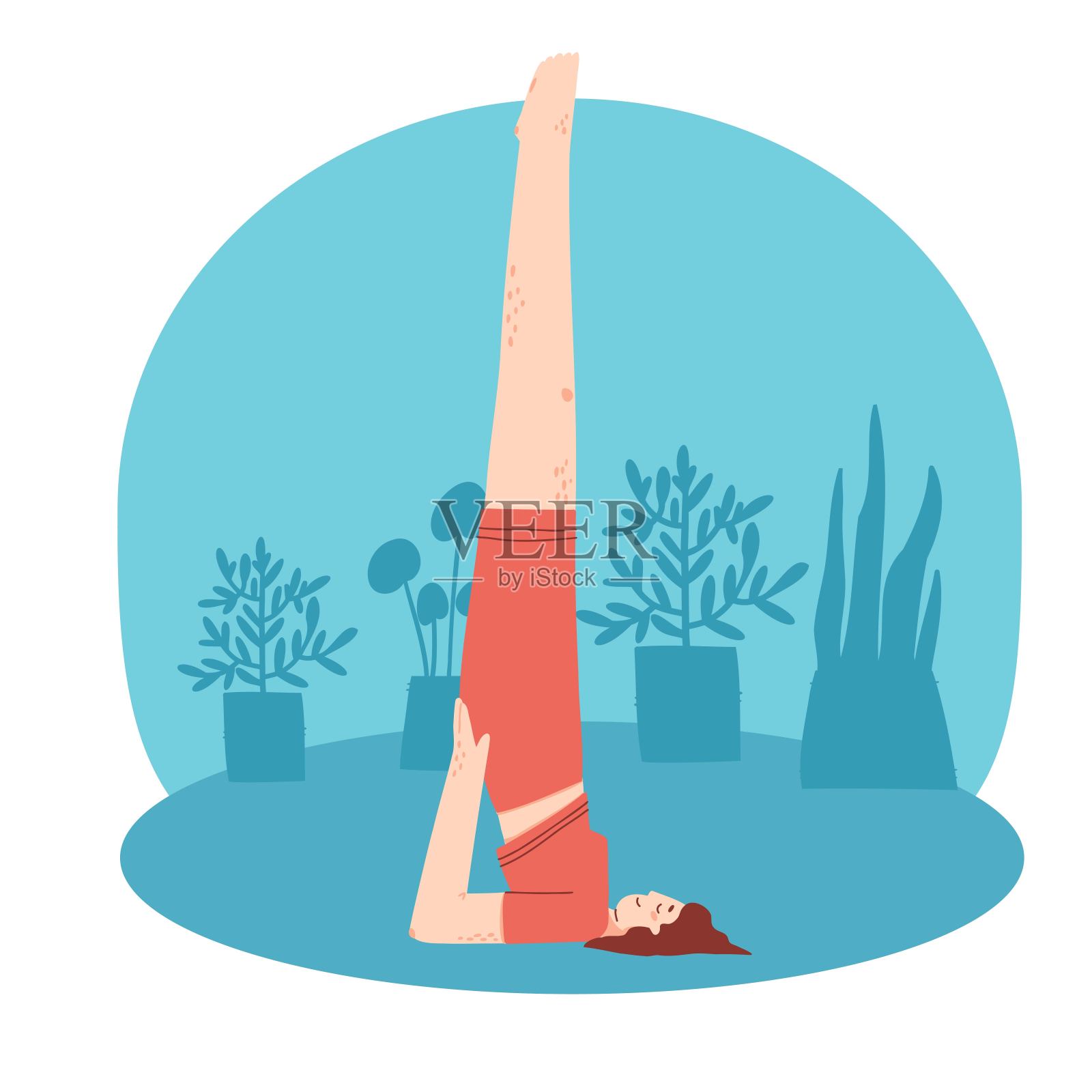 年轻女子在家做瑜伽练习。舒适的室内背景与家庭植物。平面向量插图。插画图片素材