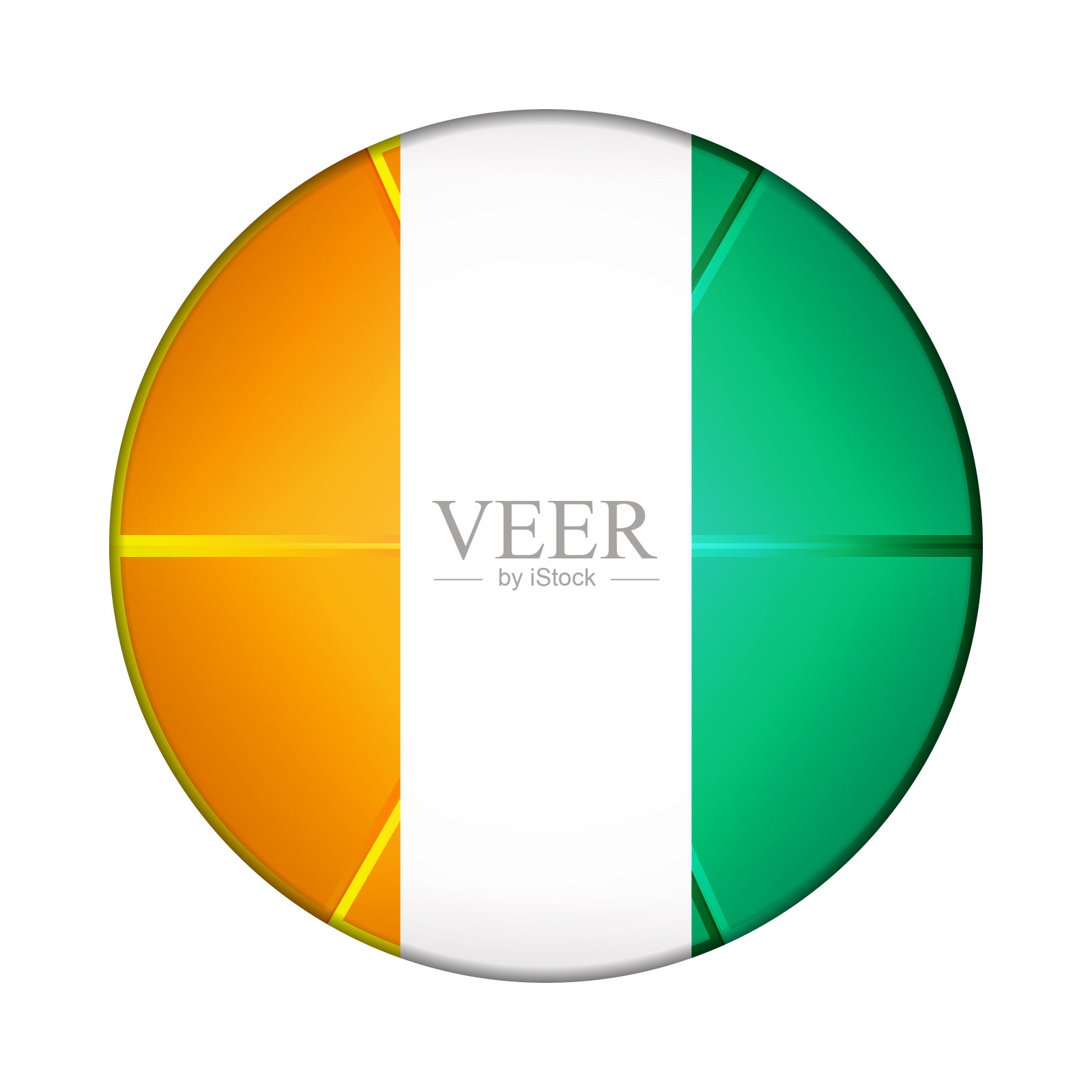 印有科特迪瓦国旗的玻璃球。圆球，模板图标。国家的象征。光滑的现实球，三维抽象矢量插图突出在一个白色的背景。大泡沫设计元素图片