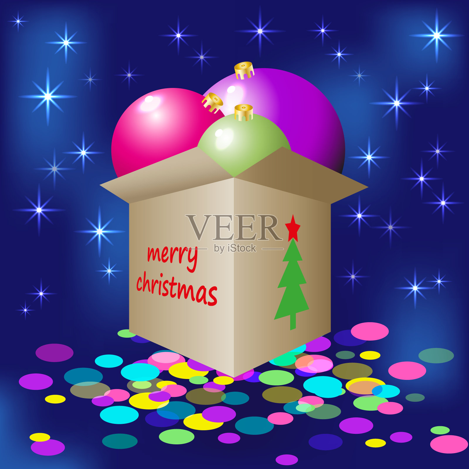 装着礼物，圣诞球和五彩纸屑的圣诞盒子设计模板素材