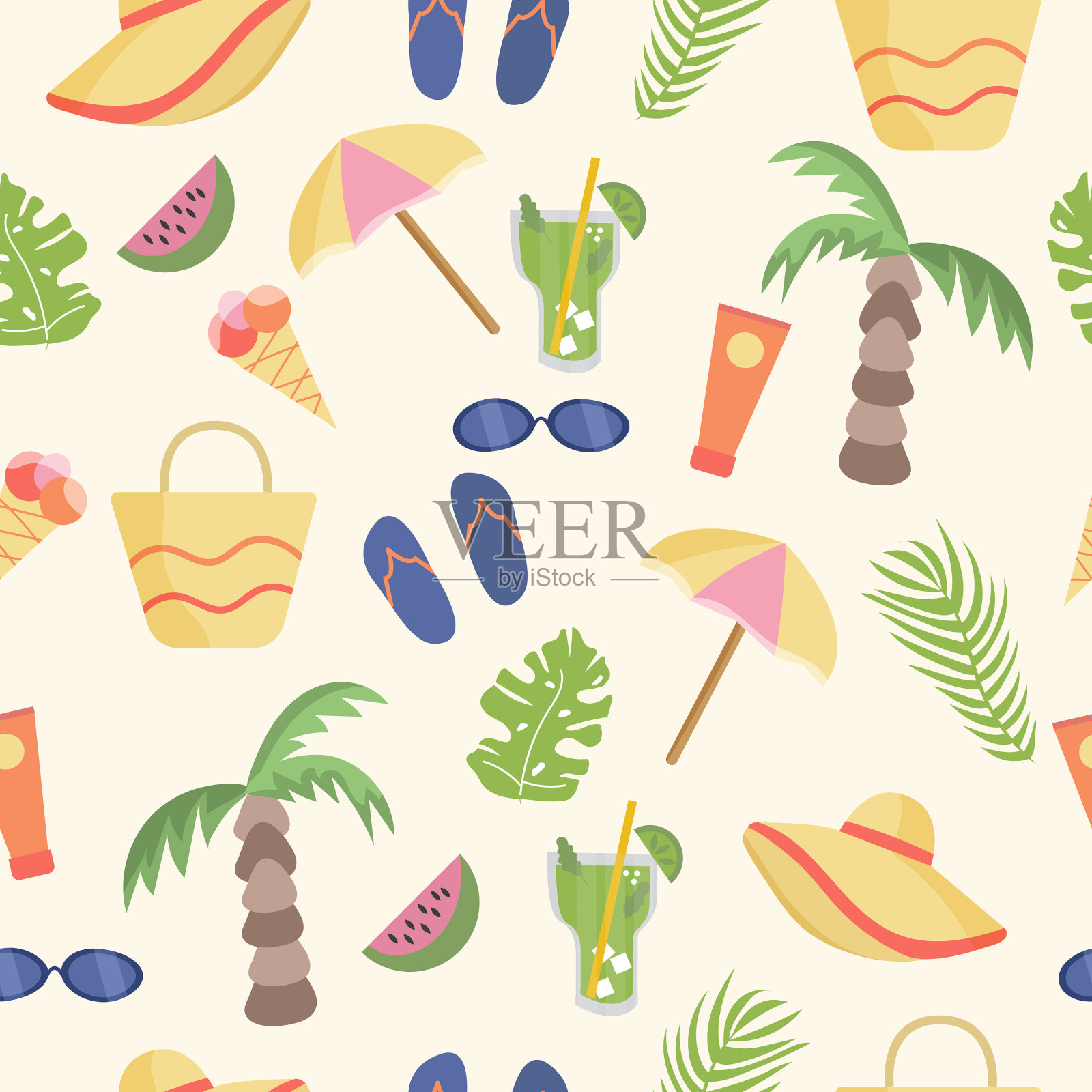 无缝图案海滩配件和棕榈插画图片素材