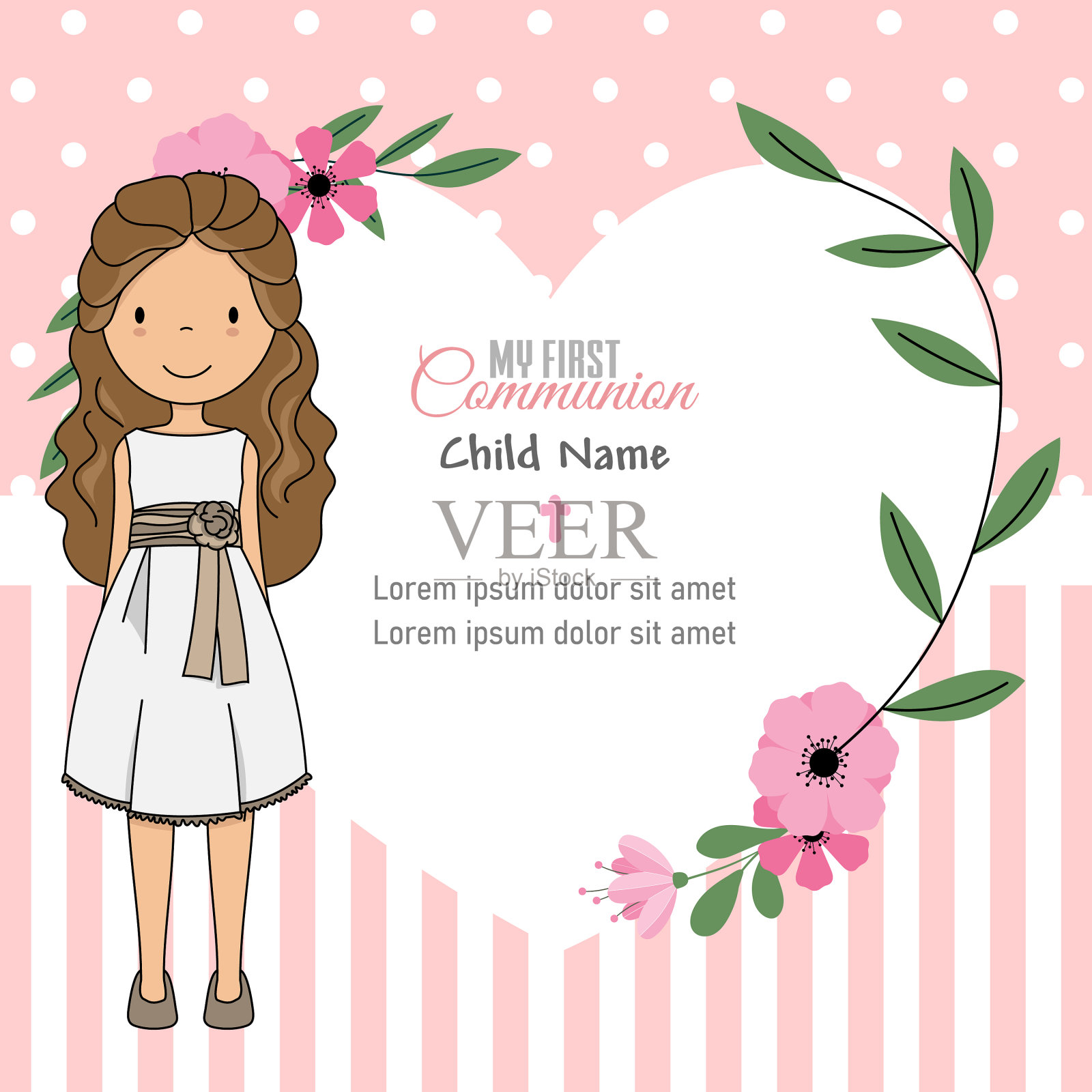 我的第一个带花架的圣餐卡女孩插画图片素材