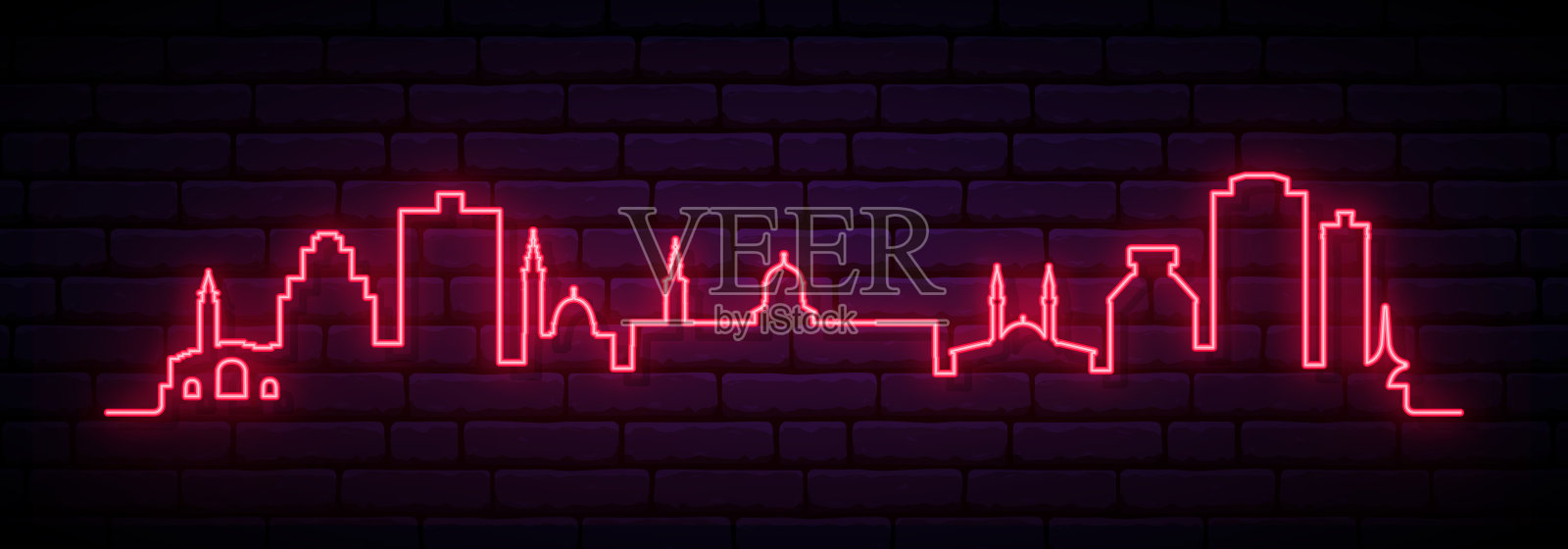 大马士革的红色霓虹天际线。明亮的大马士革城长旗。矢量插图。插画图片素材