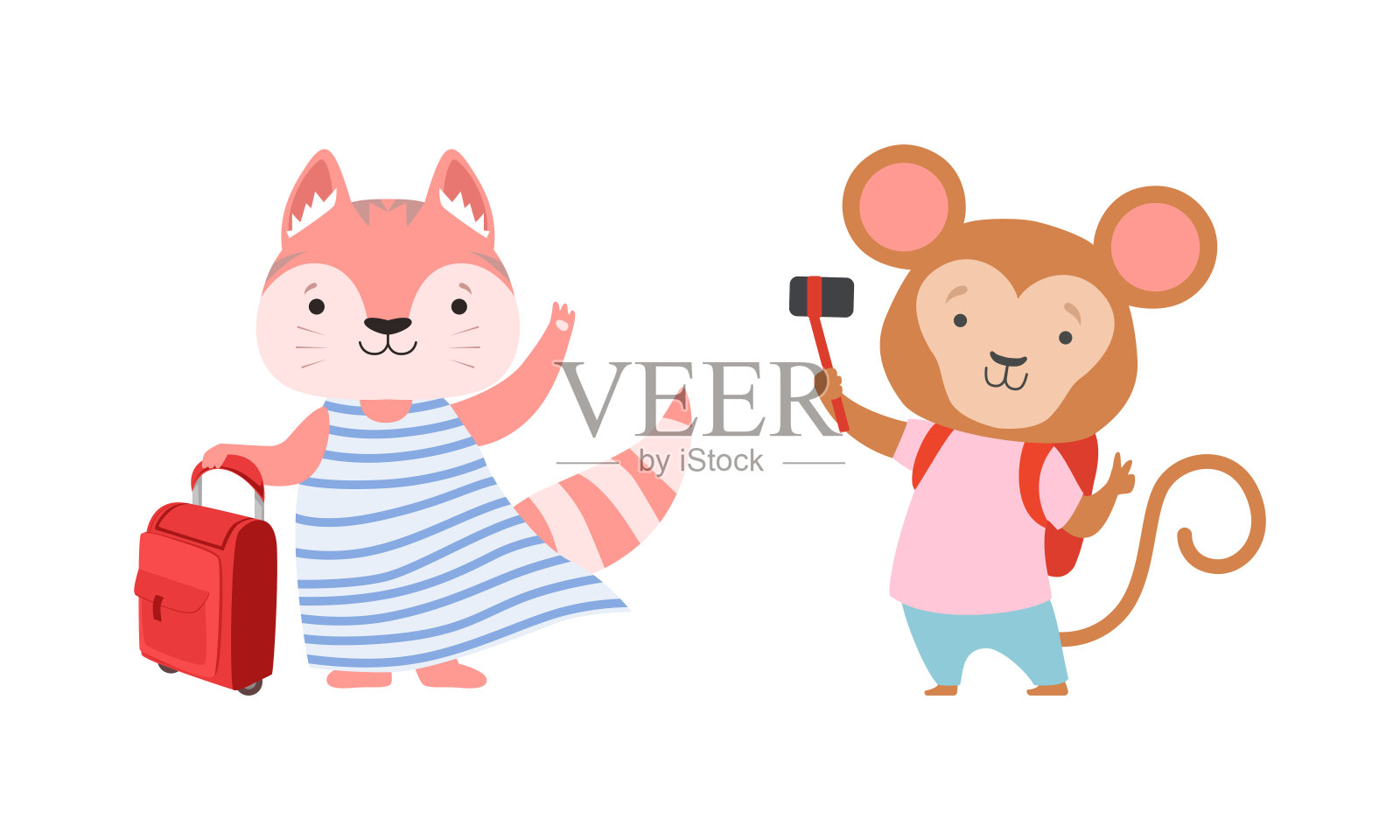 可爱的旅行婴儿动物集，有趣的猴子和狐狸字符去旅行卡通矢量插图插画图片素材