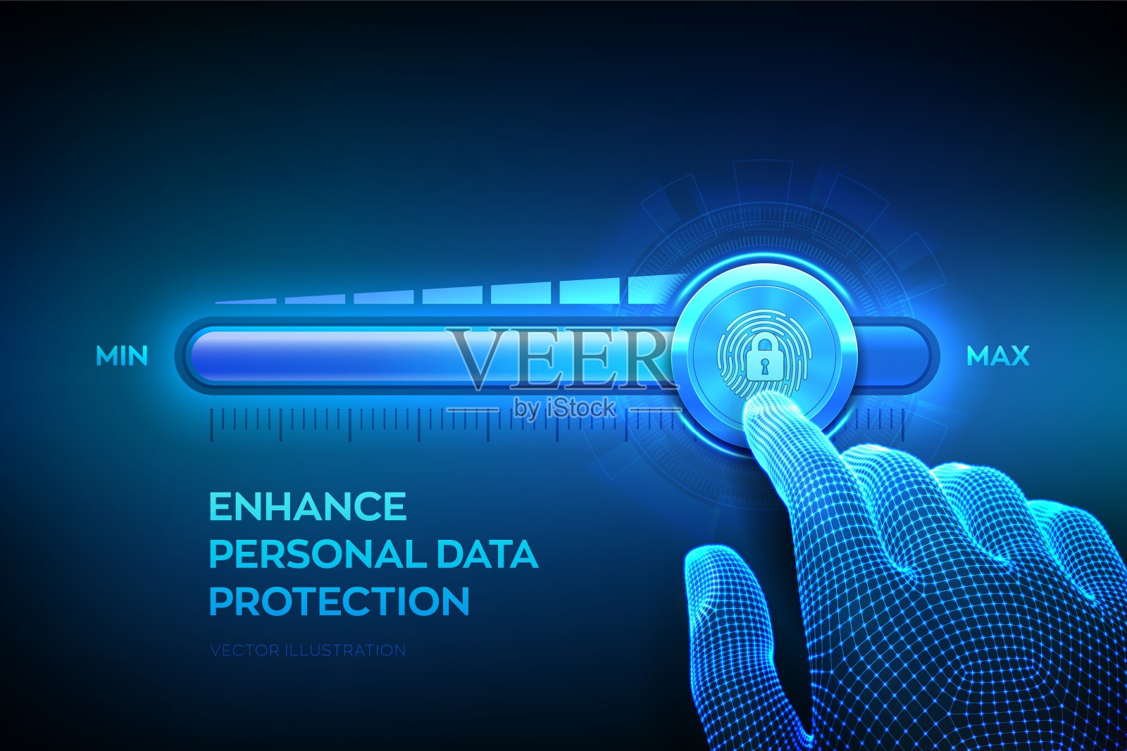 提高隐私安全水平。提高个人资料保障水平。线框手用手指和锁定图标向上拉到进度条的最大位置。矢量插图。插画图片素材