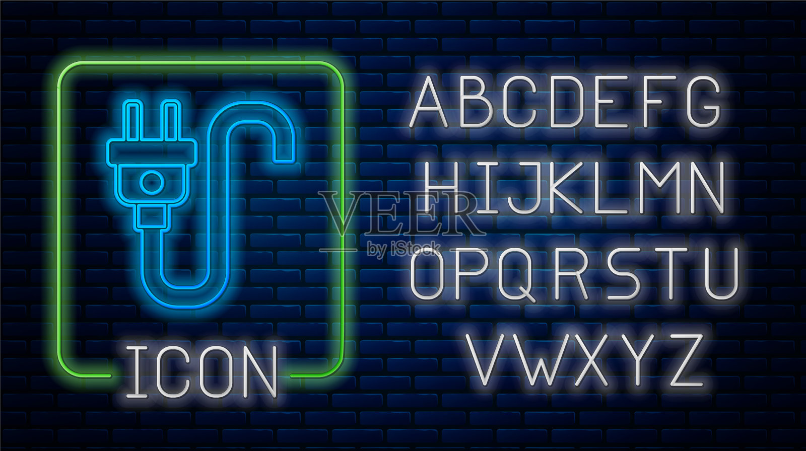 发光的霓虹灯电插头图标孤立在砖插画图片素材