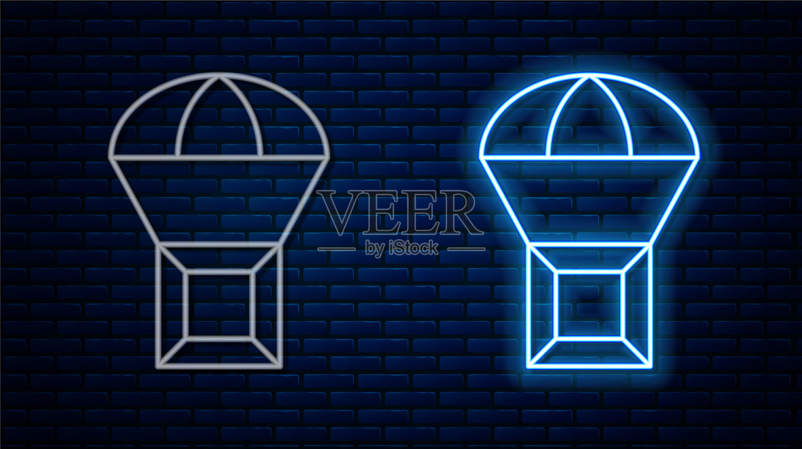 发光的霓虹灯线盒飞行的降落伞图标插画图片素材