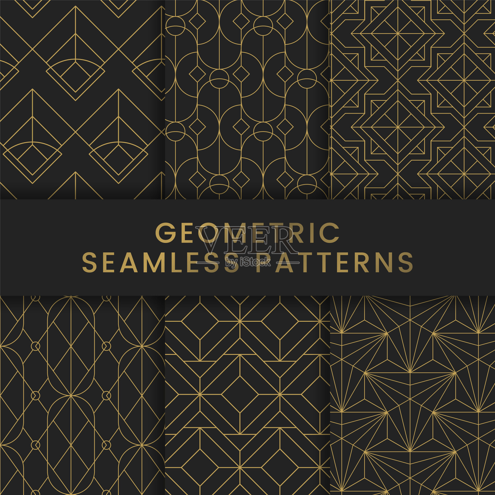 黄金几何无缝模式设置在黑色插画图片素材