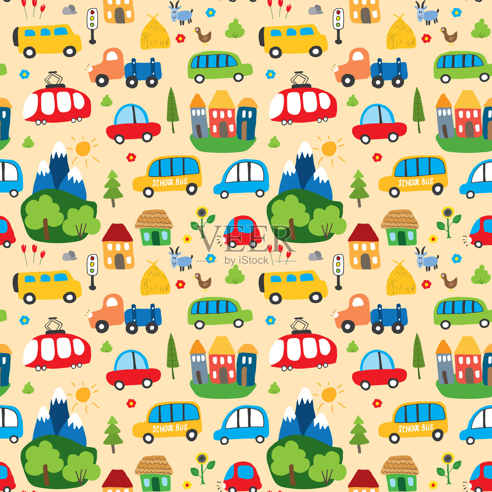 可爱的汽车无缝模式卡通运输插画图片素材