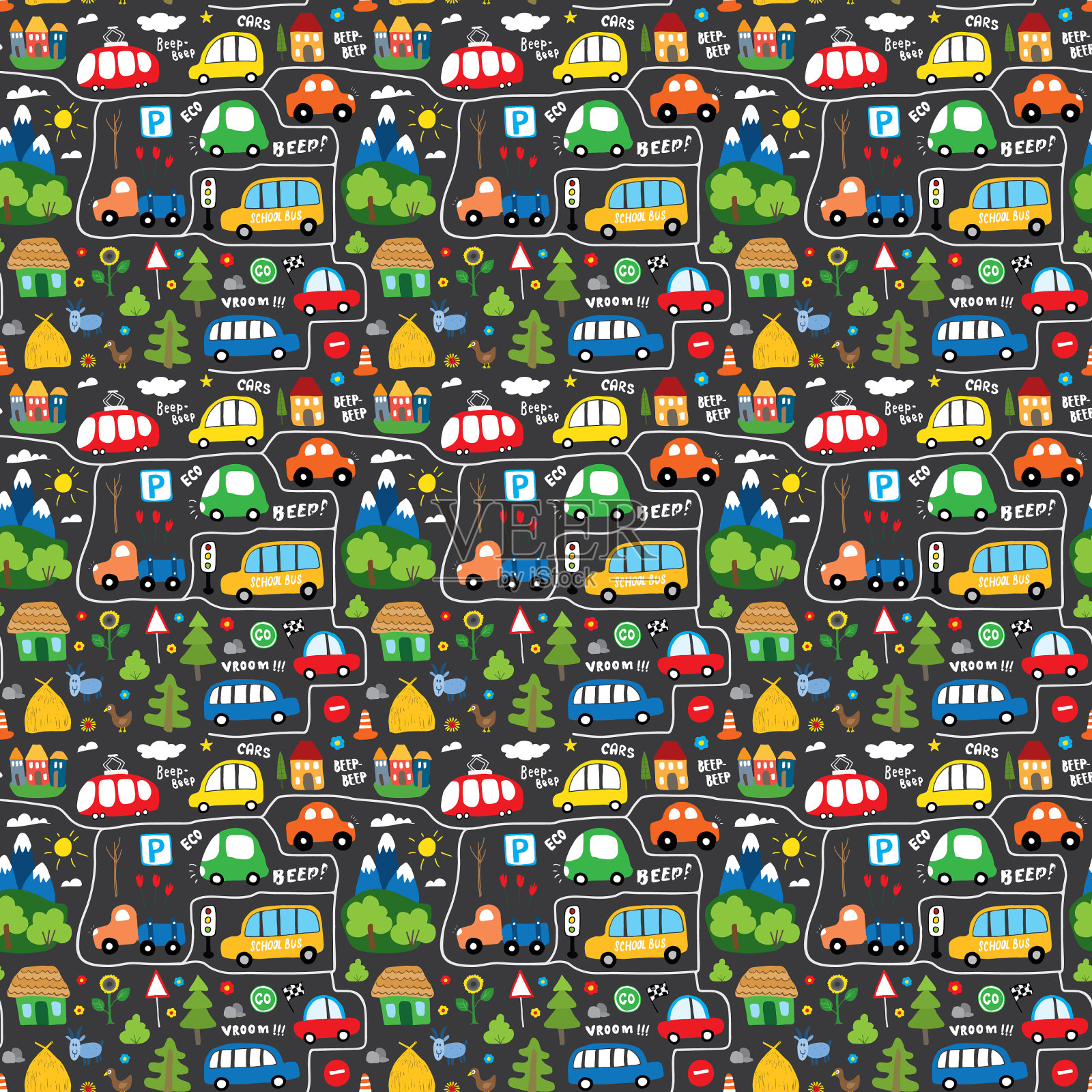 可爱的汽车无缝模式卡通运输插画图片素材