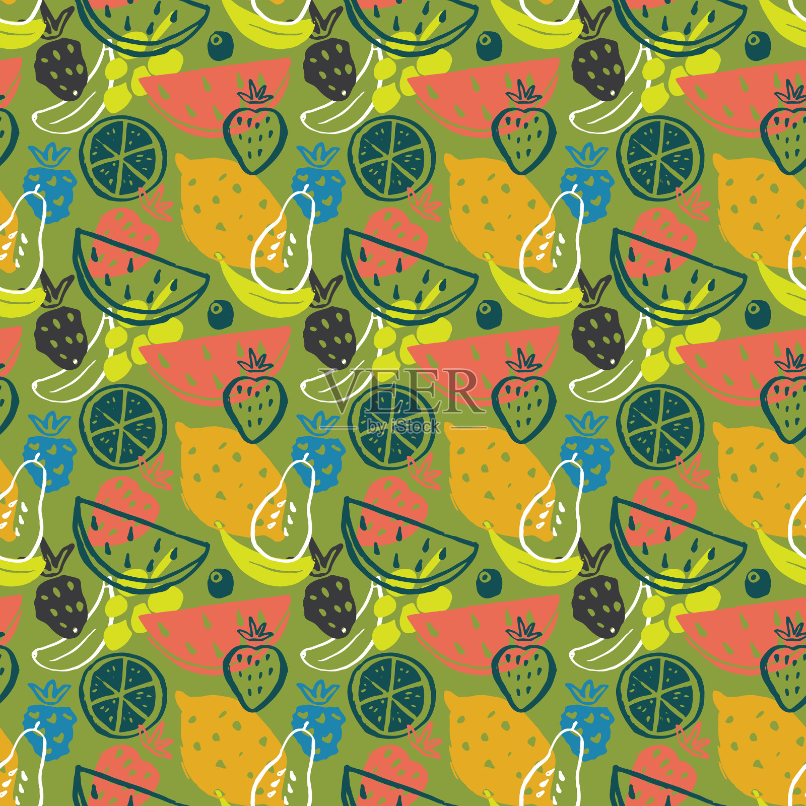 水果无缝图案收集多汁的水果插画图片素材