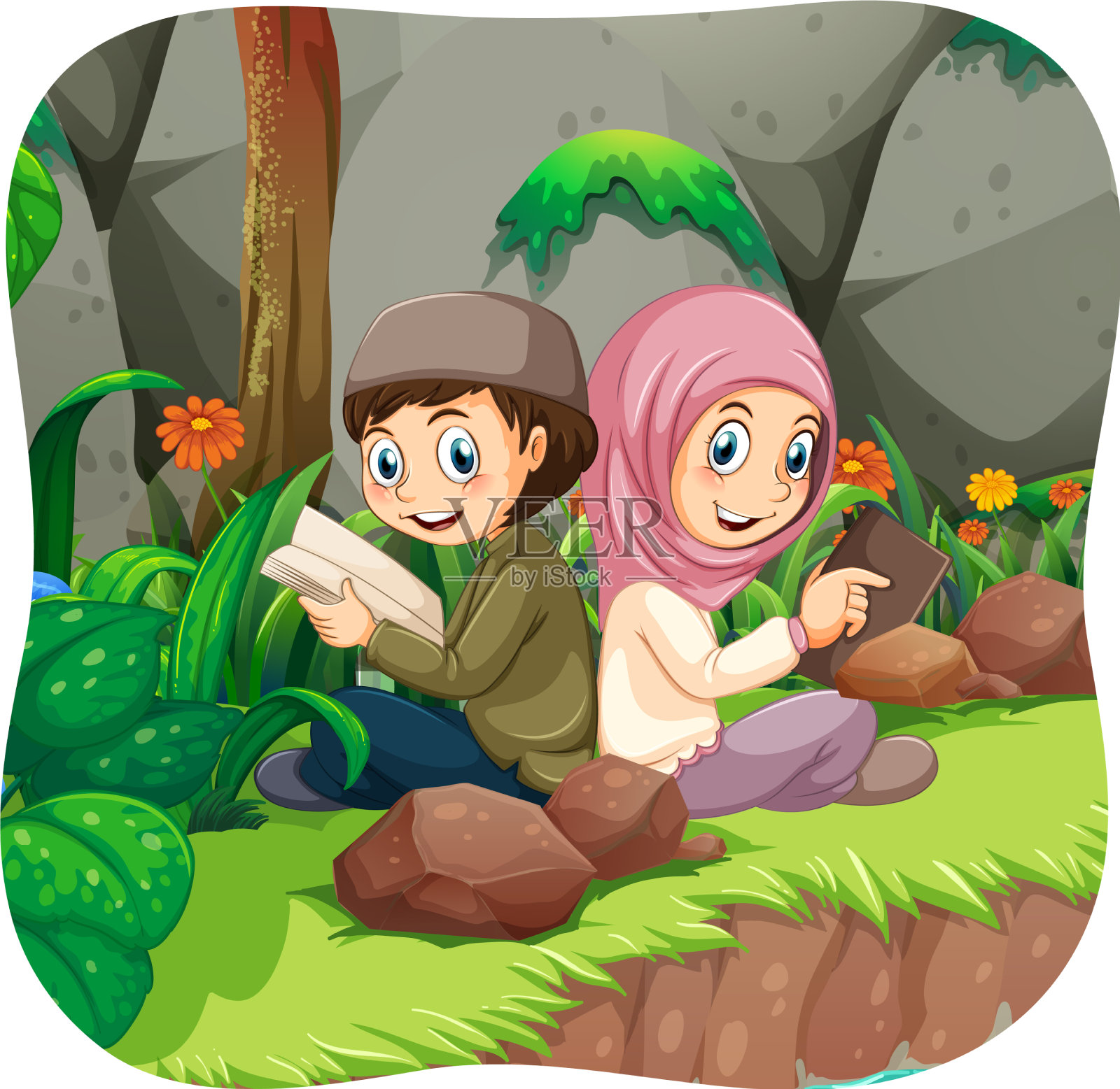 穆斯林兄妹卡通人物插画图片素材