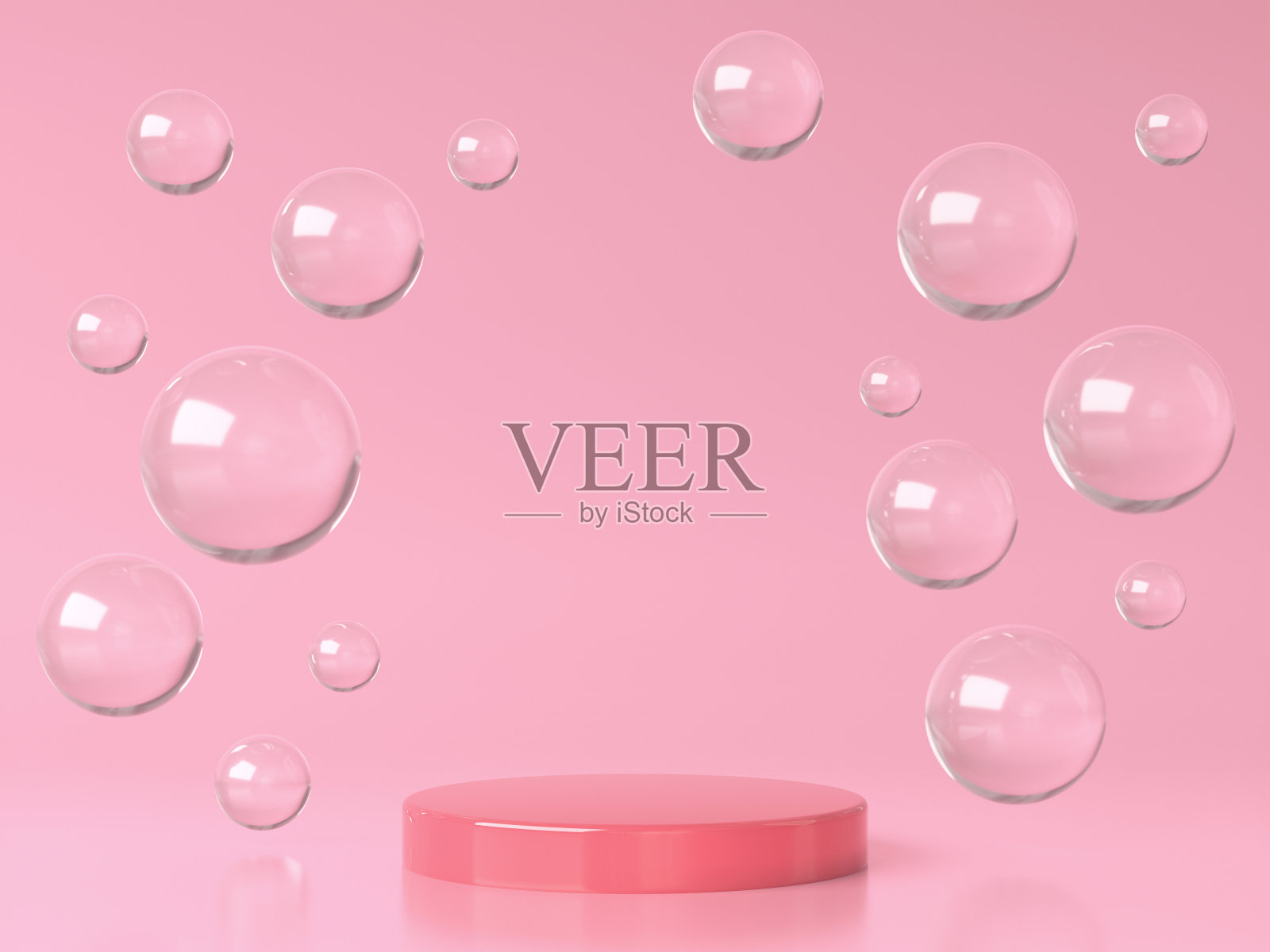 粉色圆形舞台、讲台和粉红色工作室的玻璃泡泡或球体。三维渲染照片摄影图片