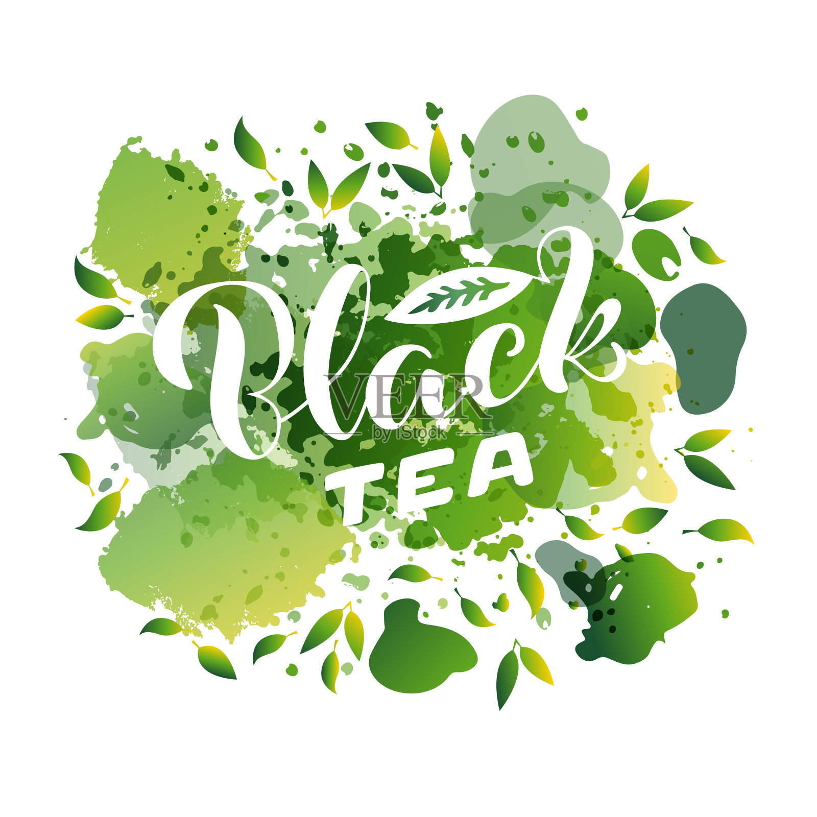 红茶手写文字在绿色水彩背景插画图片素材