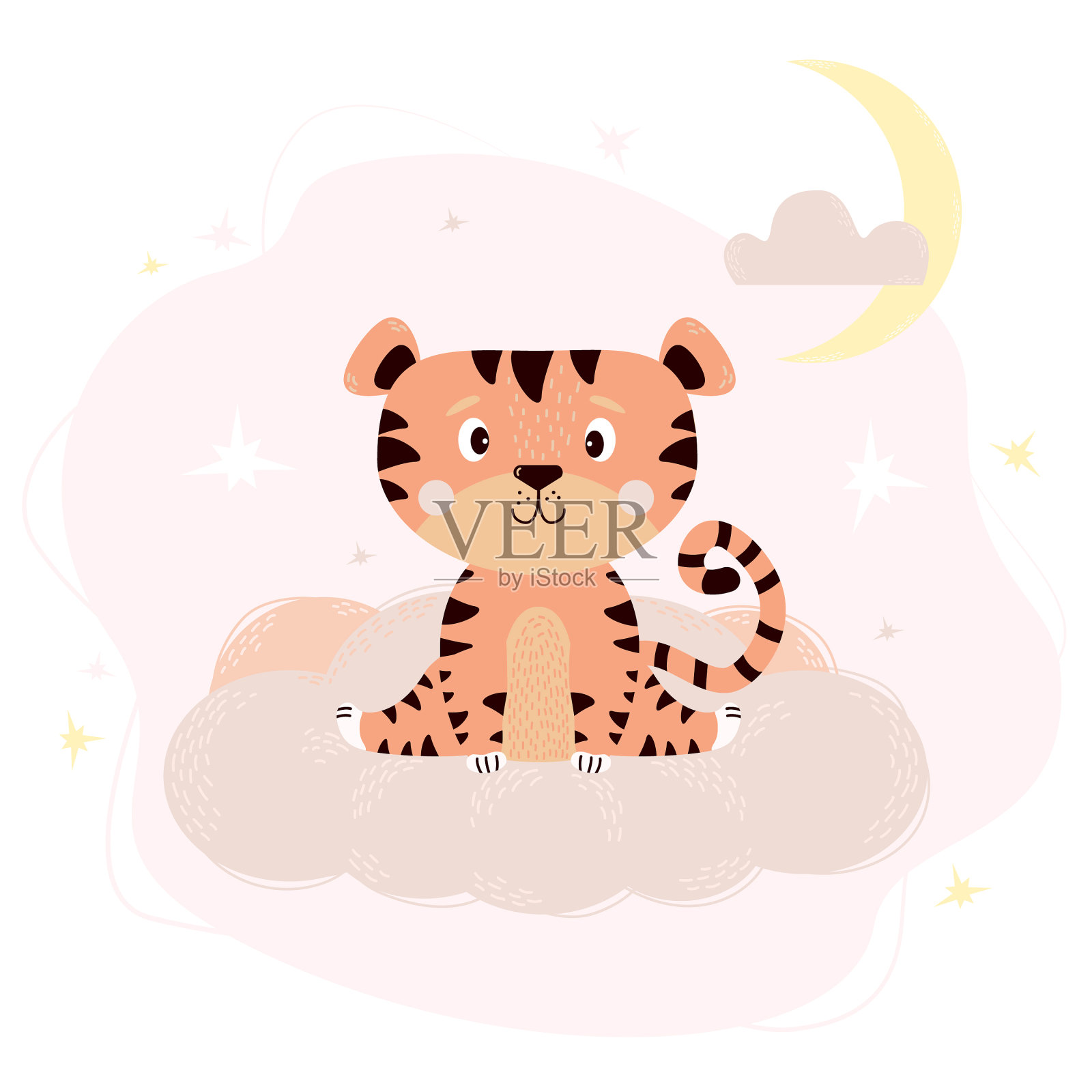 可爱的小老虎坐在柔和的粉红色云朵上设计元素图片